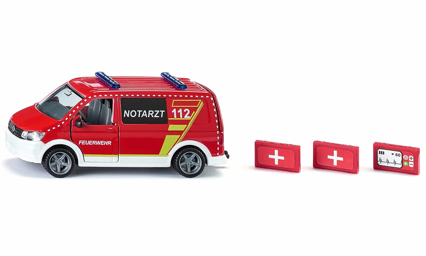 Siku 2116, VW T6 Ambulancia de Emergencia, Metal/plástico, 1:50, Rojo/Blanco, Ruedas Intercambiables, Puerta del Conductor y del acompañante y portón de atrás abribles, Incl. Accesorios