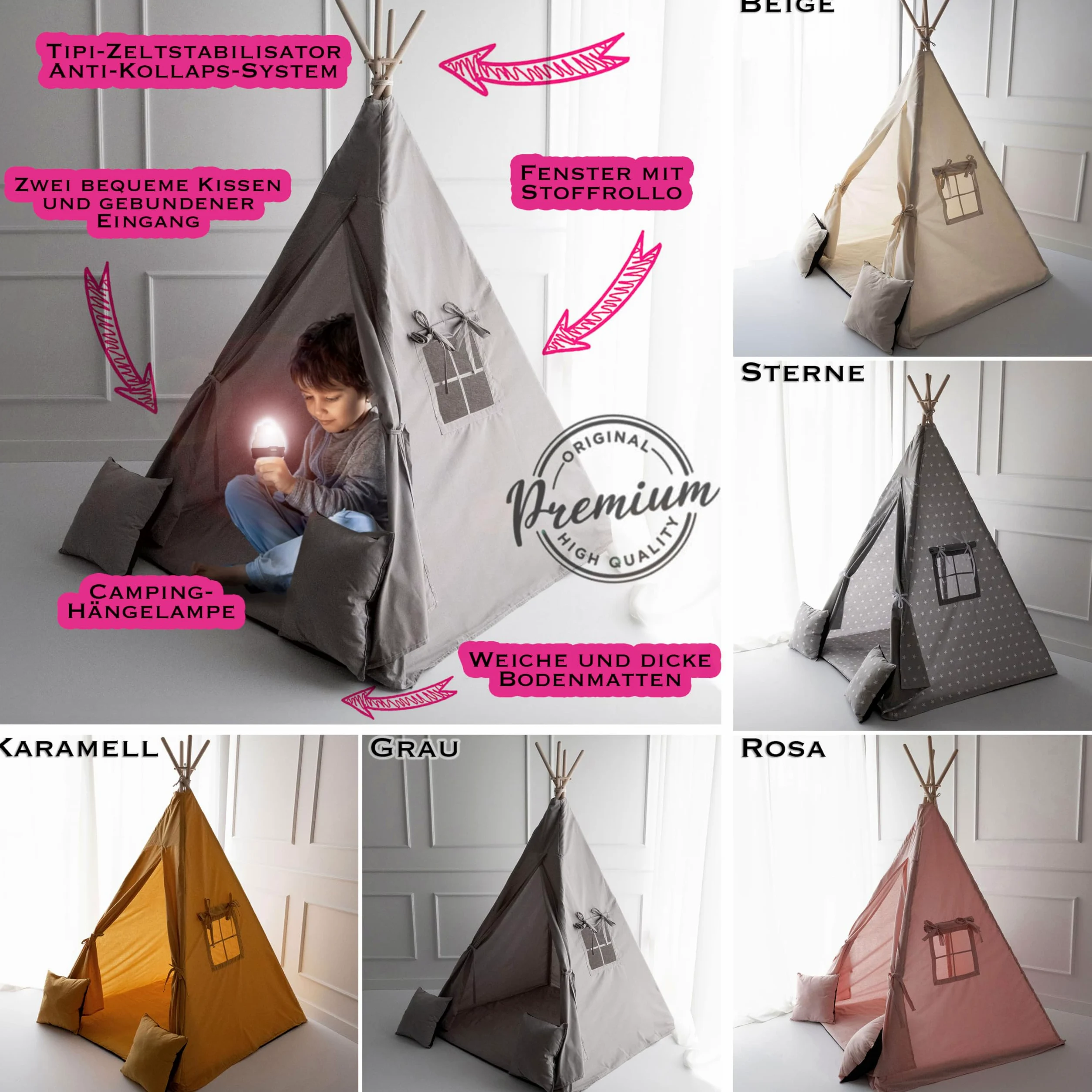 PaLulli Tipi - Tienda de campaña para niños con alfombra y sistema anticolapso y 3 cojines decorativos de lona de algodón (beige)