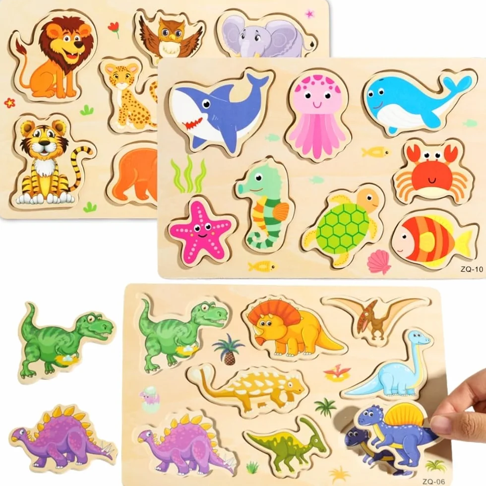 Puzzle Madera Niños 1 2 3 años 24 Animales Coloridos Set 3 Puzzles