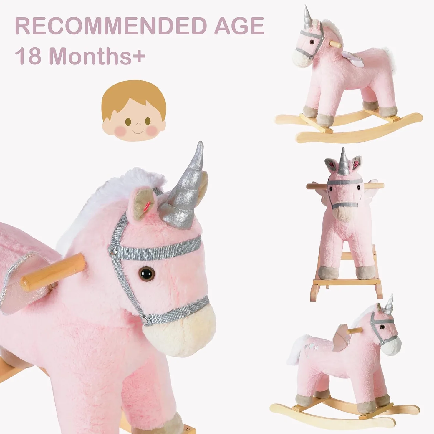 Sacudiendo los caballos, marrón oscuro caballo Rocker para niños pequeños 18M +, juguete de paseo de peluche en caballo con sonido realista, relleno suave (rosa)