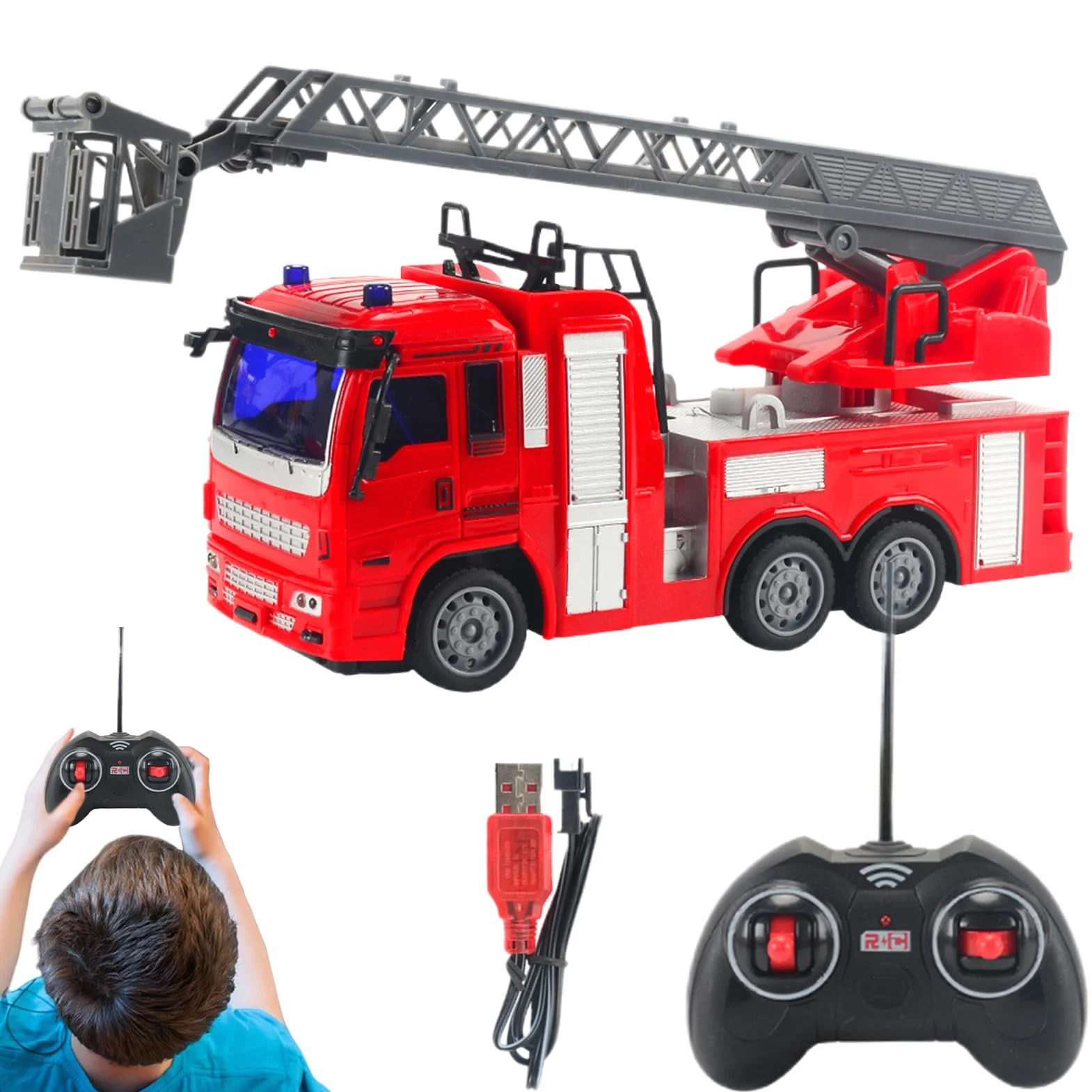 Camión Bomberos - Autobomba Teledirigido | Escalera con Lanza, Luces Parpadeantes, Acción Bump-N-Go, Vehículo Eléctrico, Regalo Cumpleaños Niños 3-8 Años