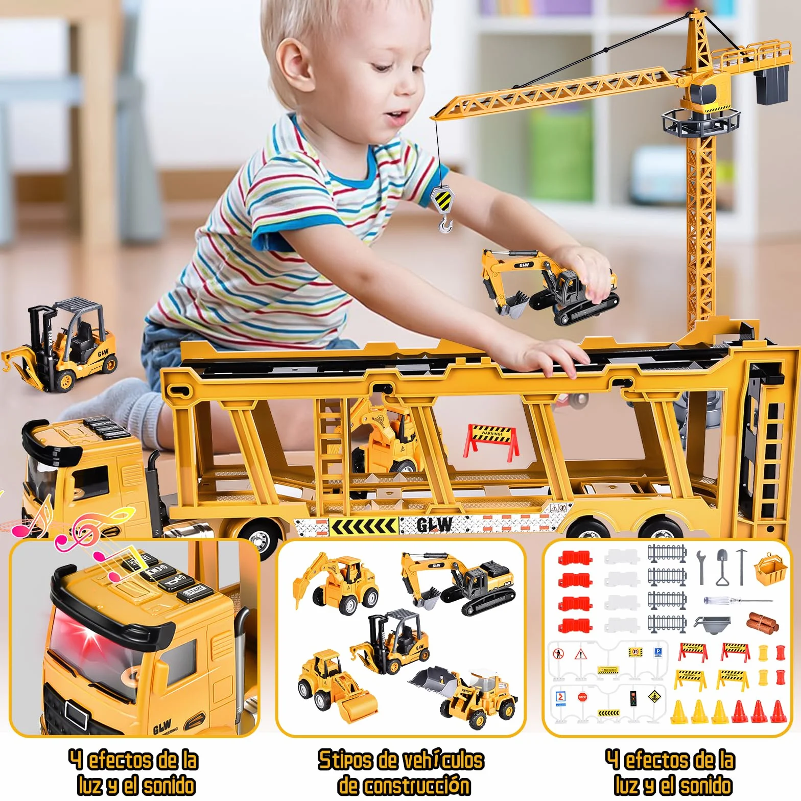 Herefun Vehículos Construcción Grandes, Camión y Grúa Con Sonido, Juguete Transportador Para Niños 3,4+