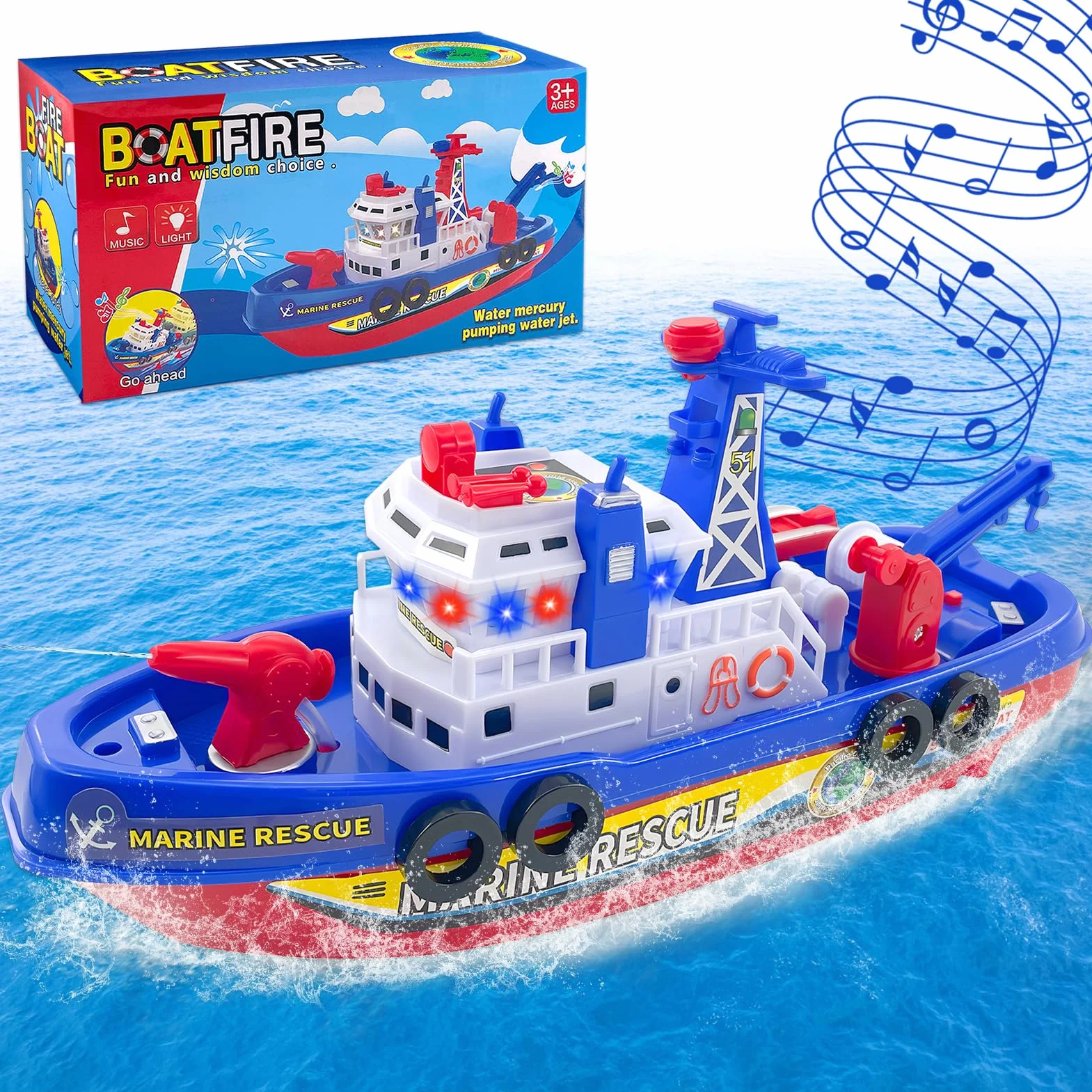 Barco de Juguete para Niños, Barco de Bomberos, Juguetes Acuáticos para Niños, Eléctrico Barco de Bomberos de Juguete con Pulverización LED Musical, Regalos Niños