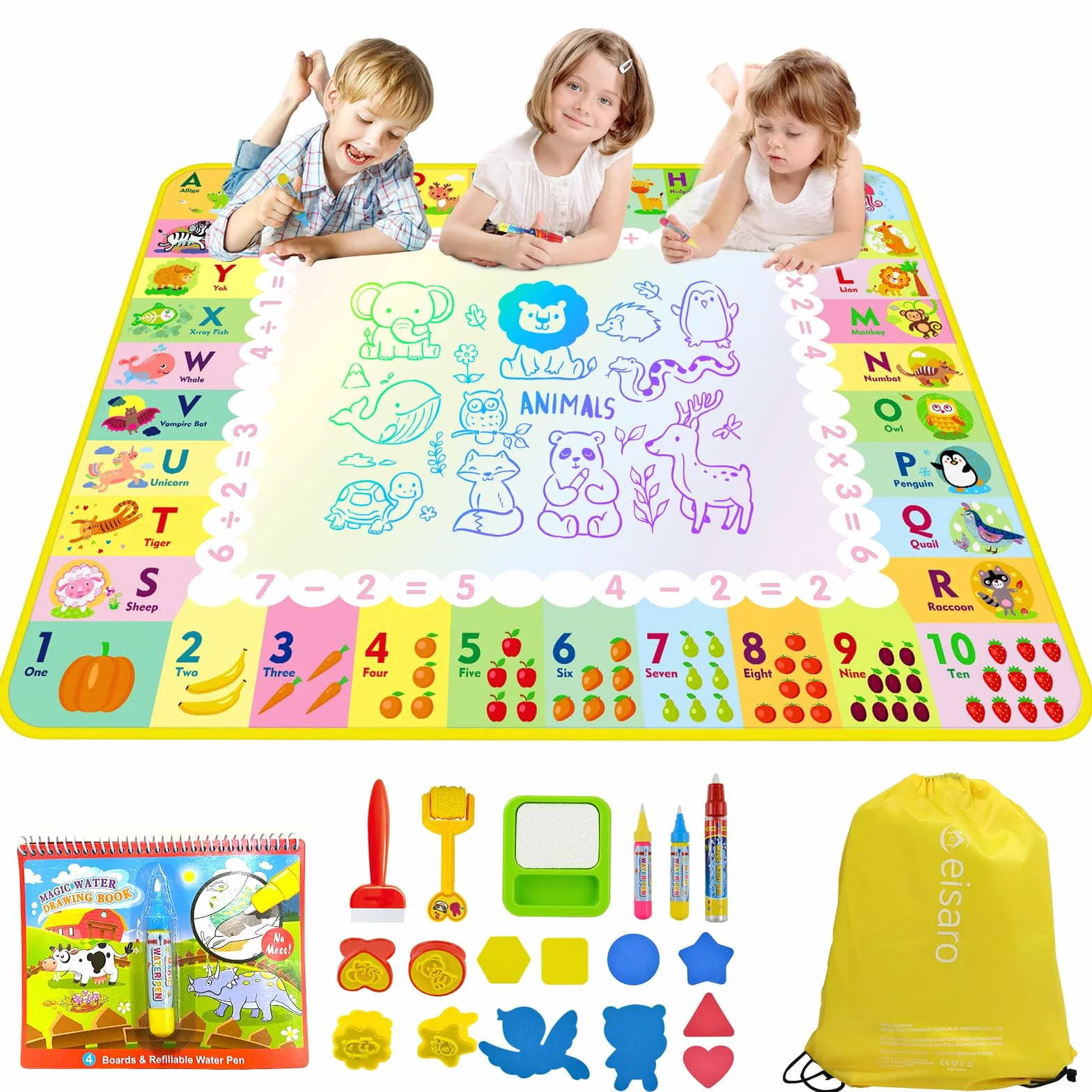 Alfombra para Pintar con Agua, Pizarra Mágica Reutilizable 120x90 cm – Juguete Educativo de Aprendizaje Temprano para Niños de 2 a 6 Años, Regalo sin Tinta ni Mancha con 4 Bolígrafos y Libro de Dibujo