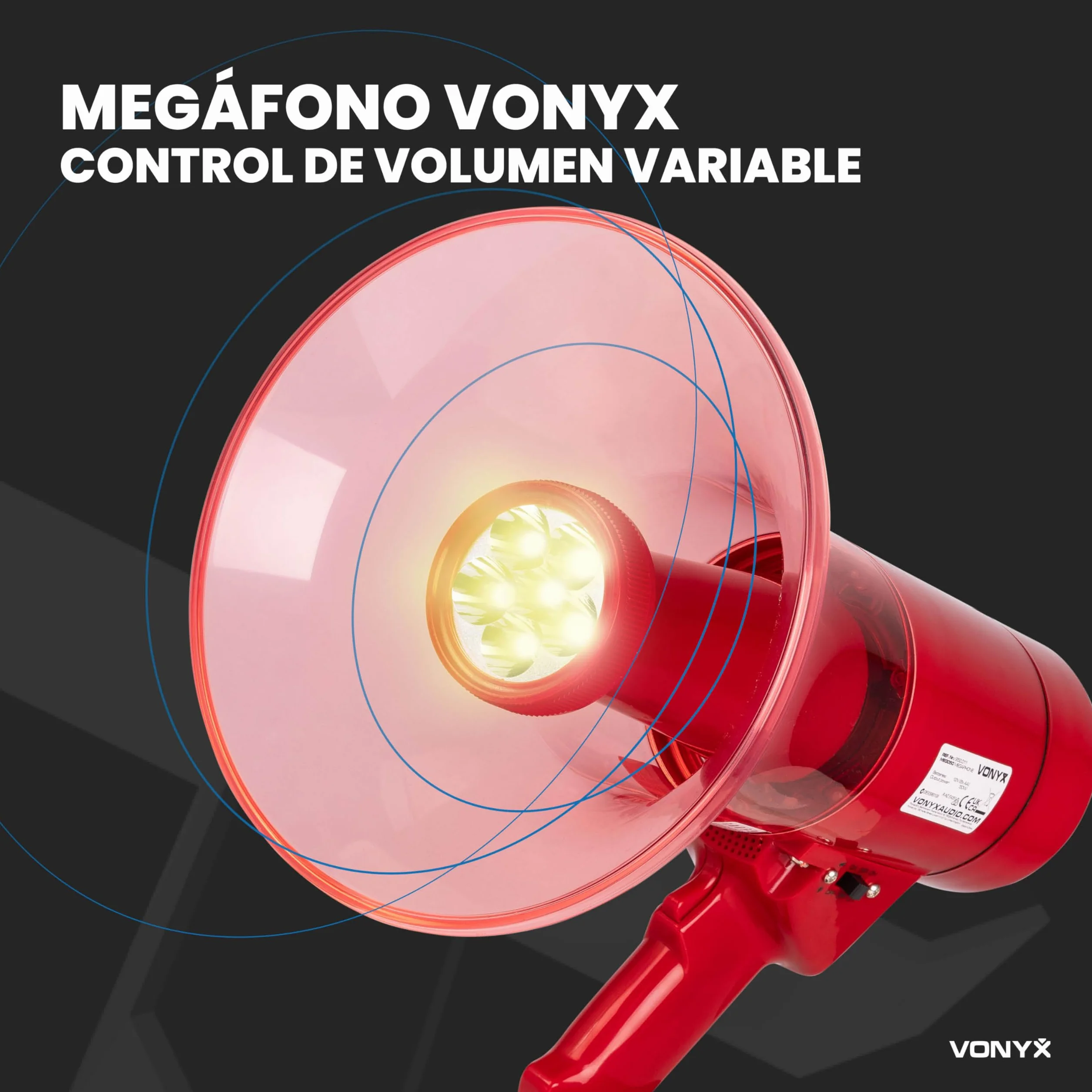 Vonyx MEG050 Megáfono 50W 1000m Alcance Batería Recargable Sirena Micrófono LED Bluetooth MP3 USB SD AUX Rojo