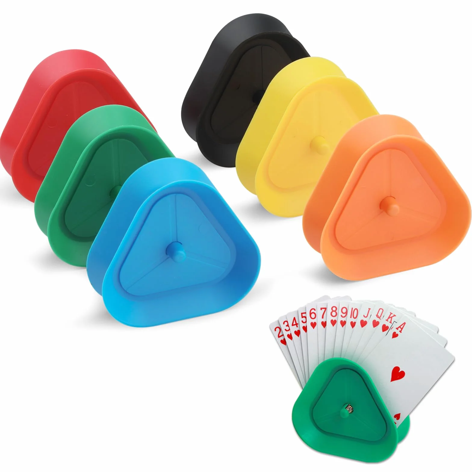 6 soportes para juegos de cartas, estante de cartas de juego de 6 colores, bandeja de póquer manos libres, soporte triangular para cartas de pie, capacidad para hasta 15 cartas de póquer manos