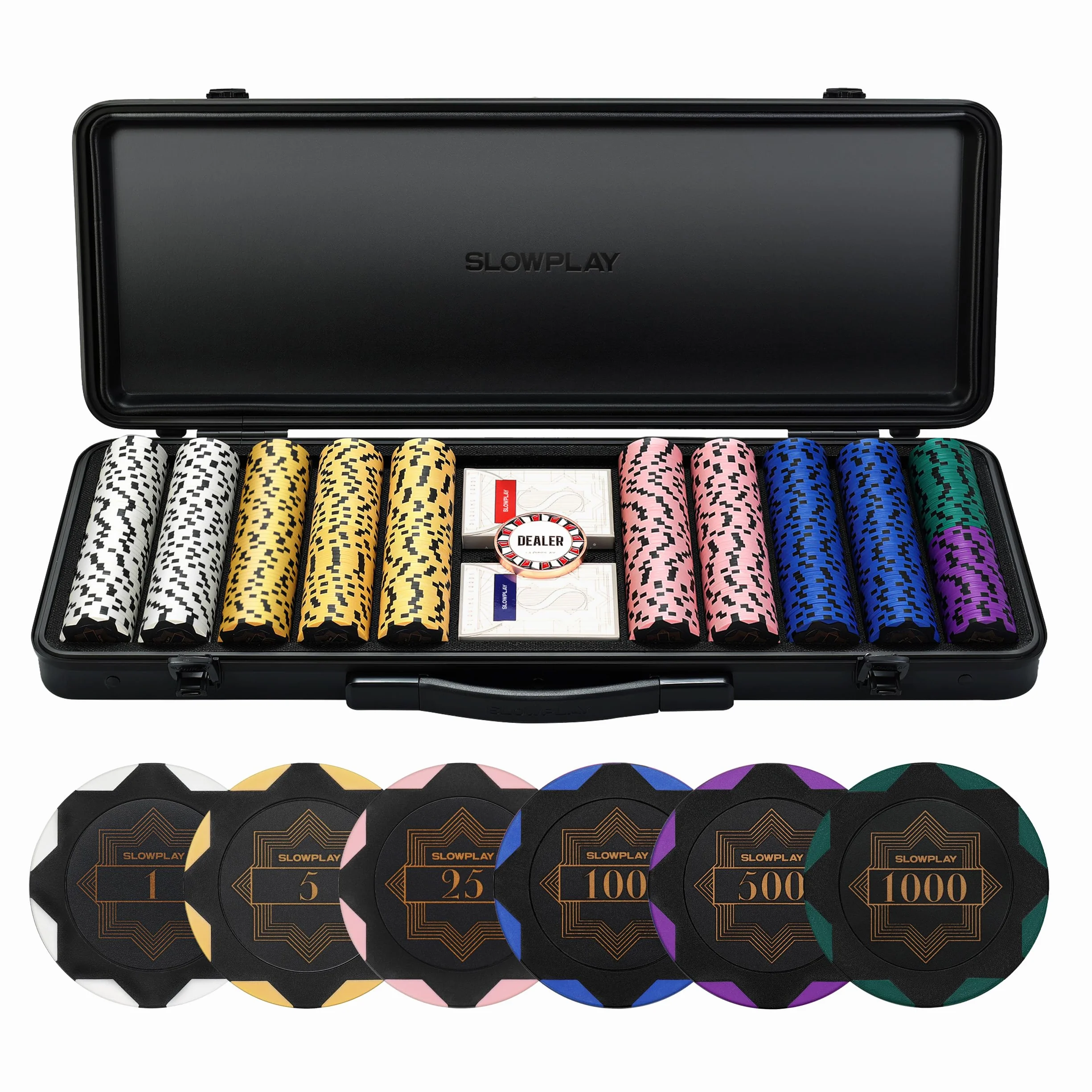 SLOWPLAY Set de póker Nash | Maletin Poker, Chips de Arcilla, 14g | Profesional pokerset con botón del crupier y Cartas de plastico | Black Gold | Full Set-500 fichas de póker numerado