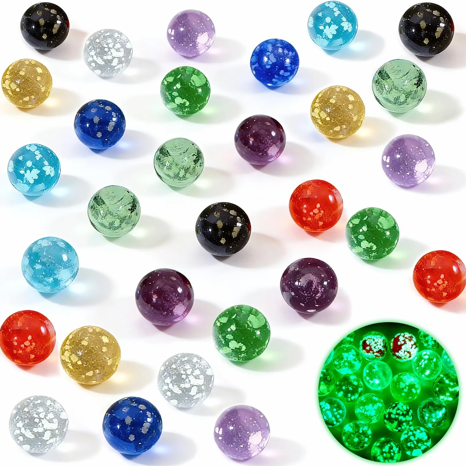 30 Piezas Canicas de Cristal Pequeñas, Mármoles de Cristal Que Brillan Oscuridad, Juego de Canicas para Niños, Mármoles de Vidrio Colorido para Bricolaje y Decoración del Hogar