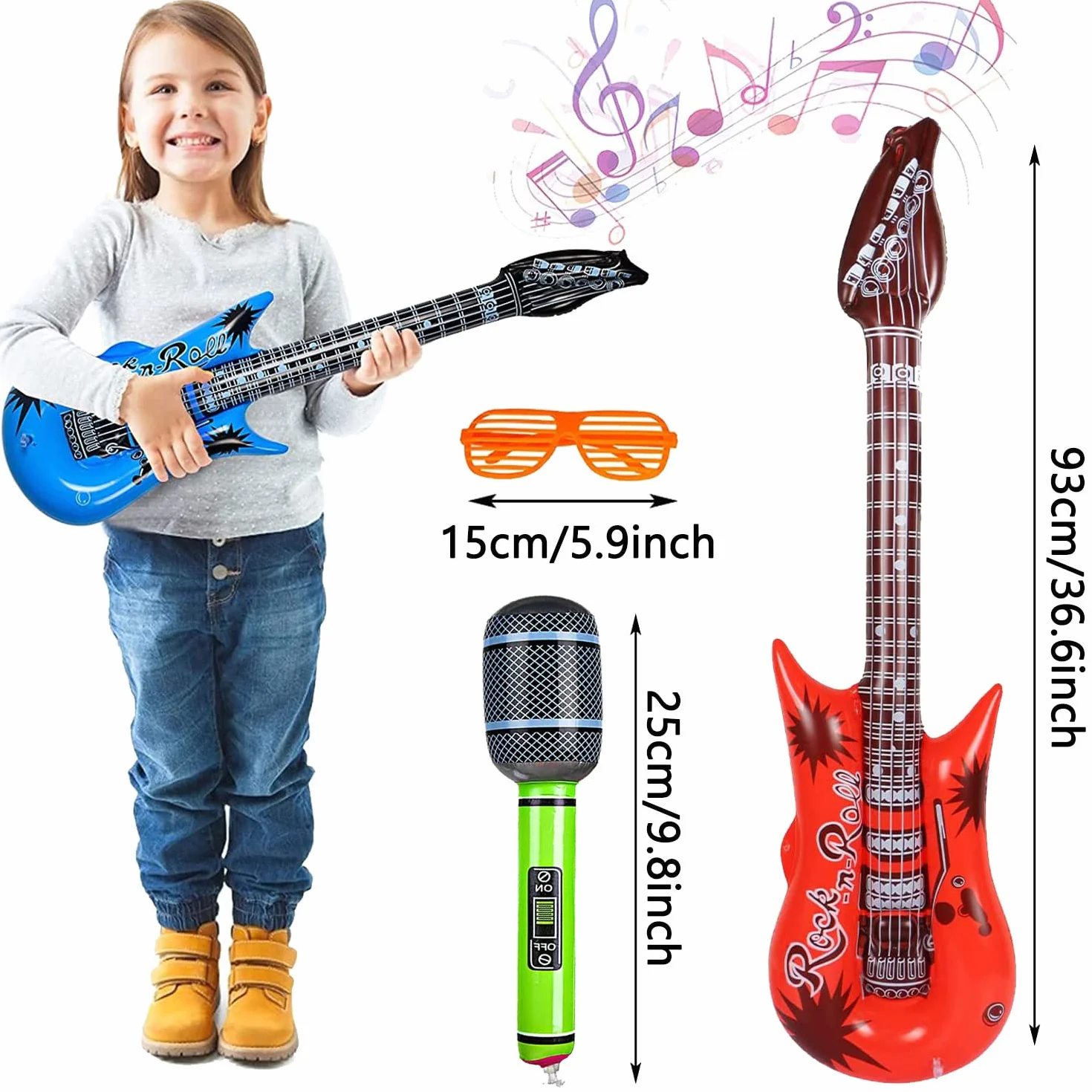 9 Piezas Juguete de Instrumentos Inflable de Gran tamaño,Incluye: 2 x Guitarra Inflable (93 cm), 3 x micrófono Inflable (25 cm), 3 x Gafas.