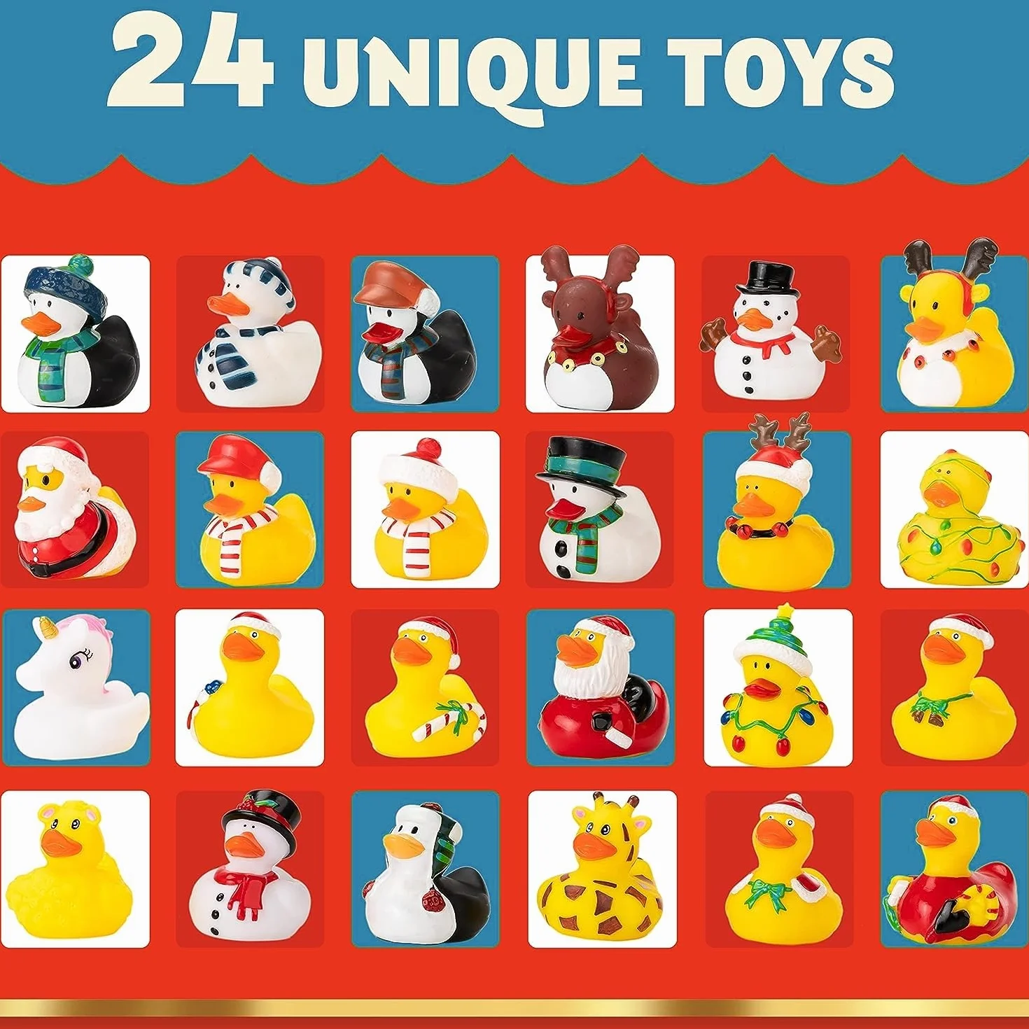LATERN Calendario de Adviento 2025, Cuenta Regresiva Navideña de 24 Días con 24 Patitos de Goma Divertidos Juguetes de Baño Duckie para Navidad Decoración Favor de Fiesta Regalos (32 x 22cm)