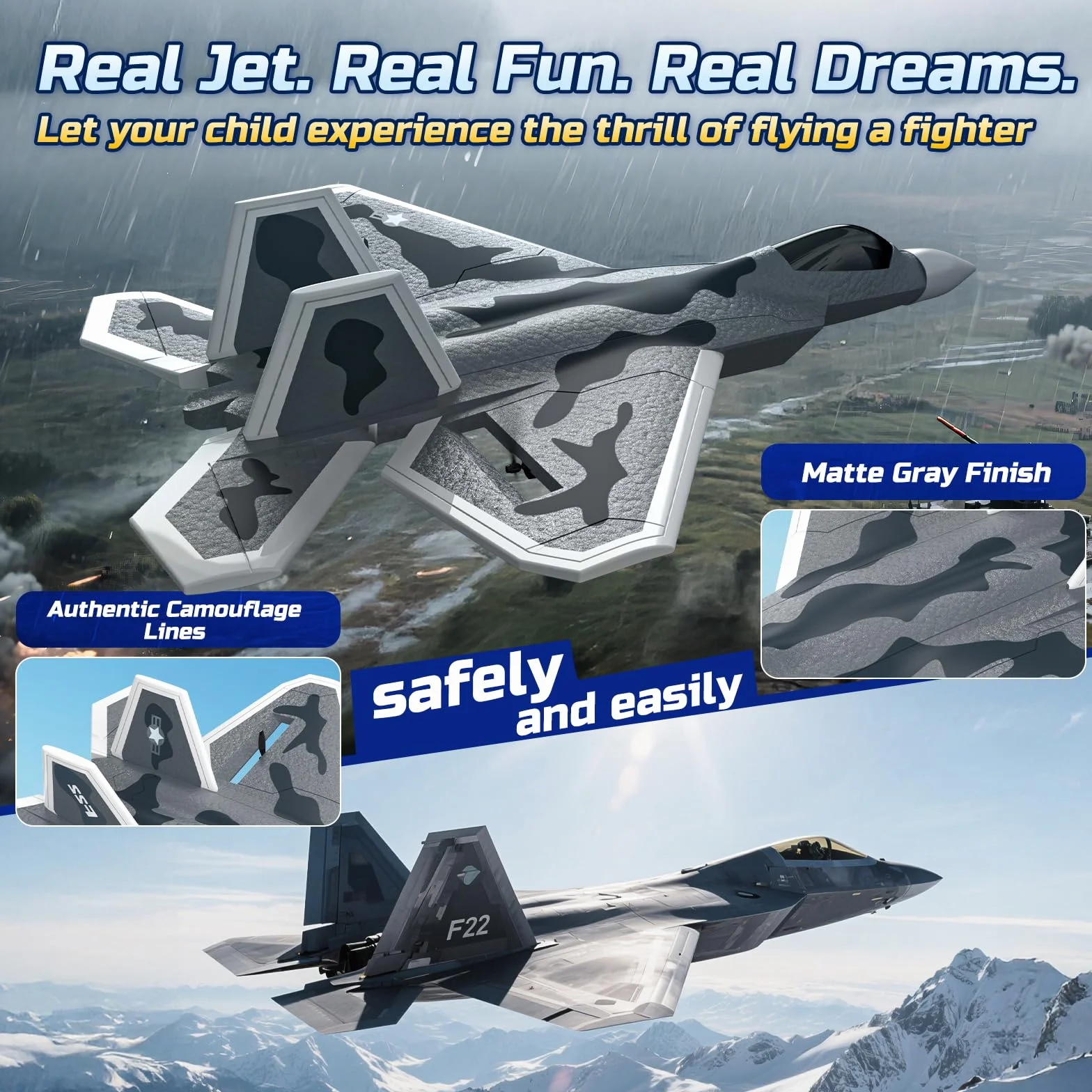 DEERC 2CH F22 Avion Teledirigido con Luces, Avión RC Combate Control Remoto, Planeador RTF con Estabilizador Giroscópico de 6 Ejes de 2.4 GHz y 2 Baterías, Fácil de Volar para Niños y Principiantes.