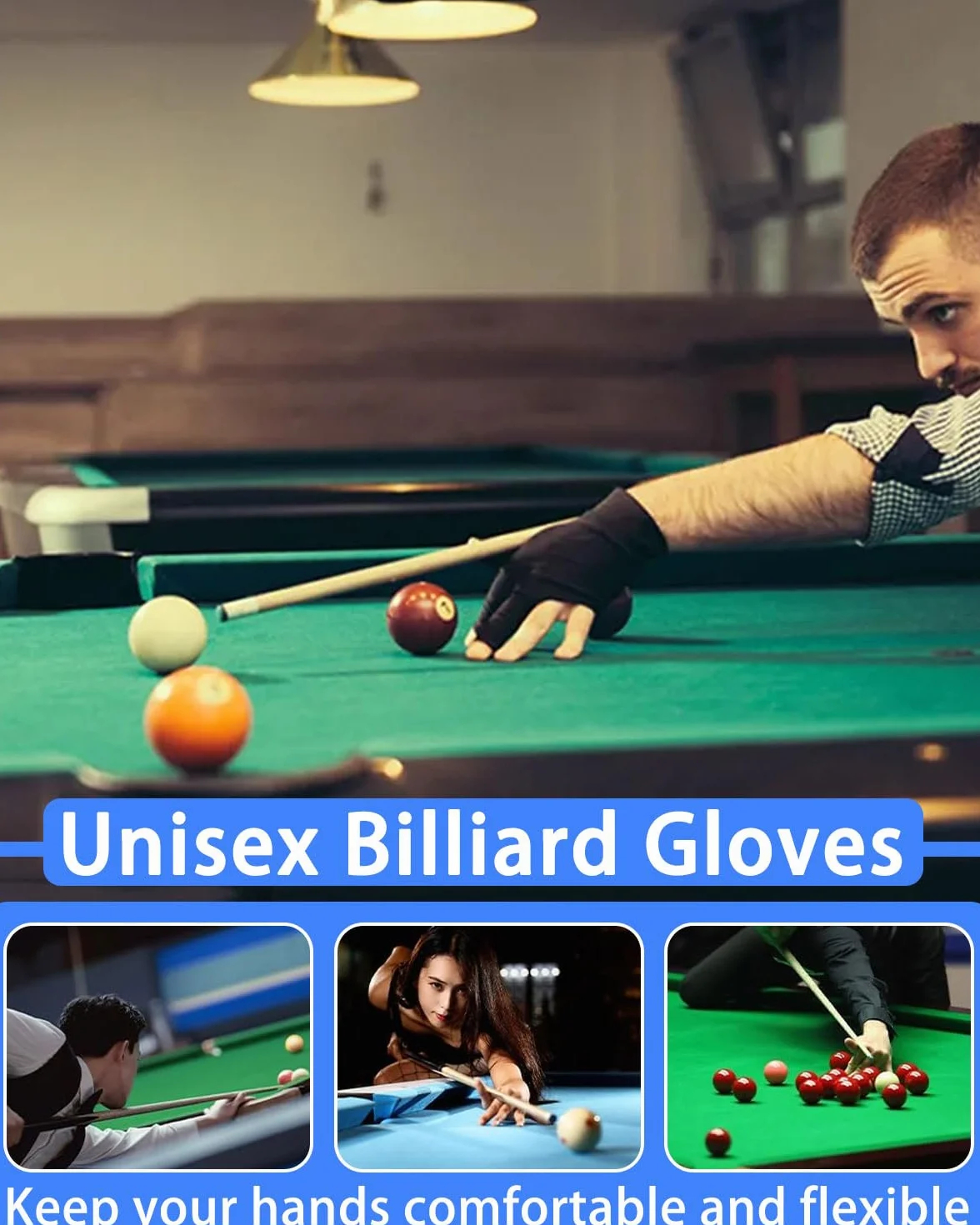 Guantes de billar con 3 dedos elásticos unisex para zurdos
