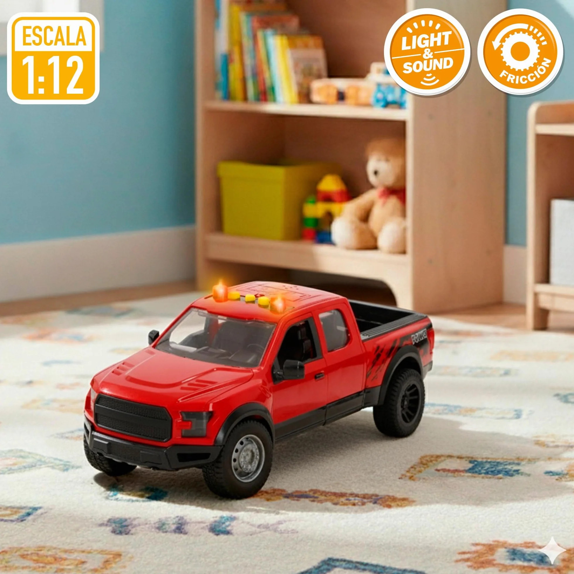 ColorBaby Speed & Go Coche Pick up con Moto, Sistema de fricción, Luces y Sonido, Puertas funcionales, Vehículo de Rescate, Escala 1:12, Niños a Partir de 3 años (39310)