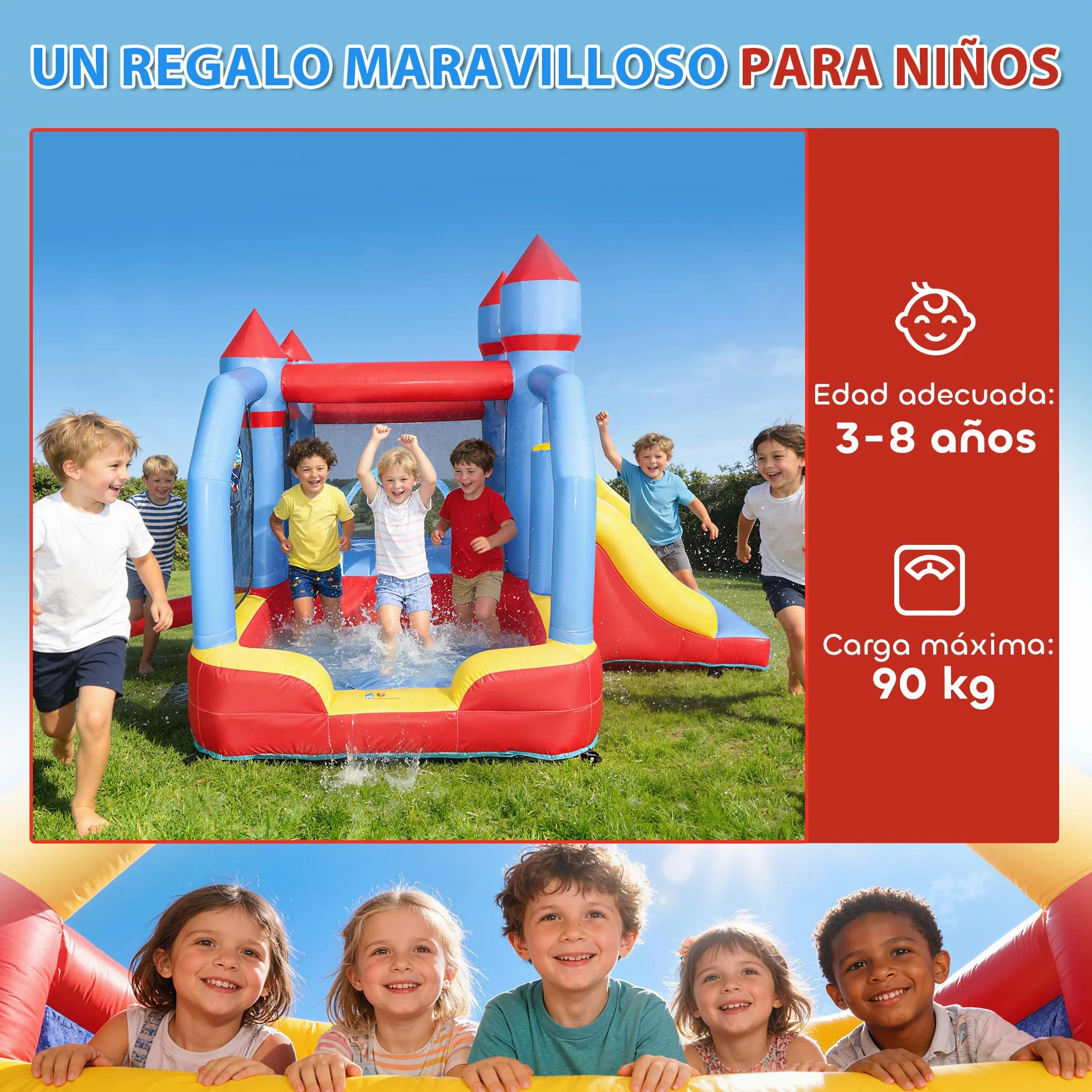 AIYAPLAY Castillo Hinchable para Niños con Soplador, Castillo Hinchable con Tobogán, Zona de Salto, Piscina, Pilar de Boxeo y Aro de Baloncesto, para Niños 3-8 Años, Interior, Exterior, 277x270x215 cm