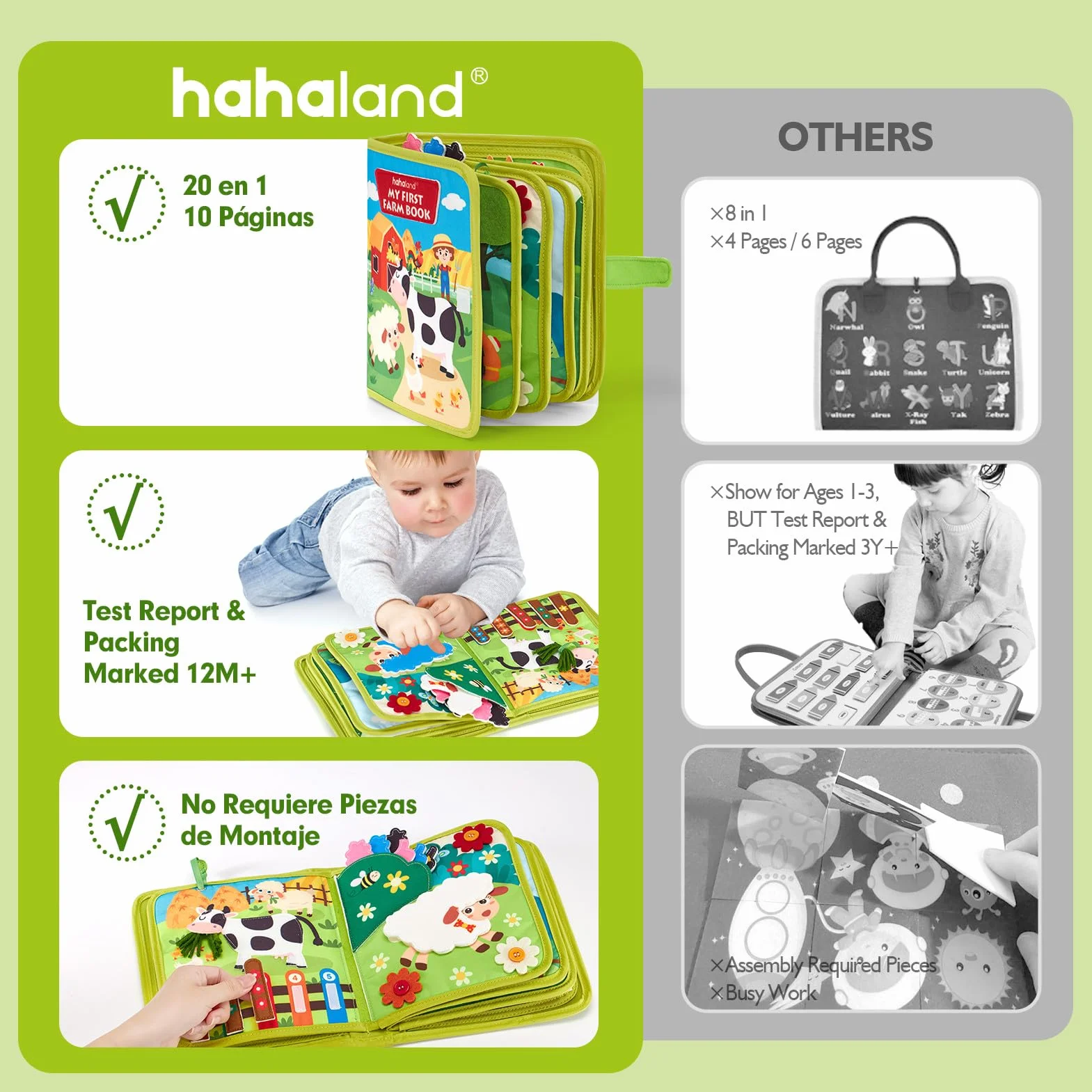 hahaland Libro Montessori 1 año - 20 en 1 Busy Board de Actividad, Libro Interactivo Juguetes Montessori para Niños 1 2 3 años - 10 Páginas Animales Granja