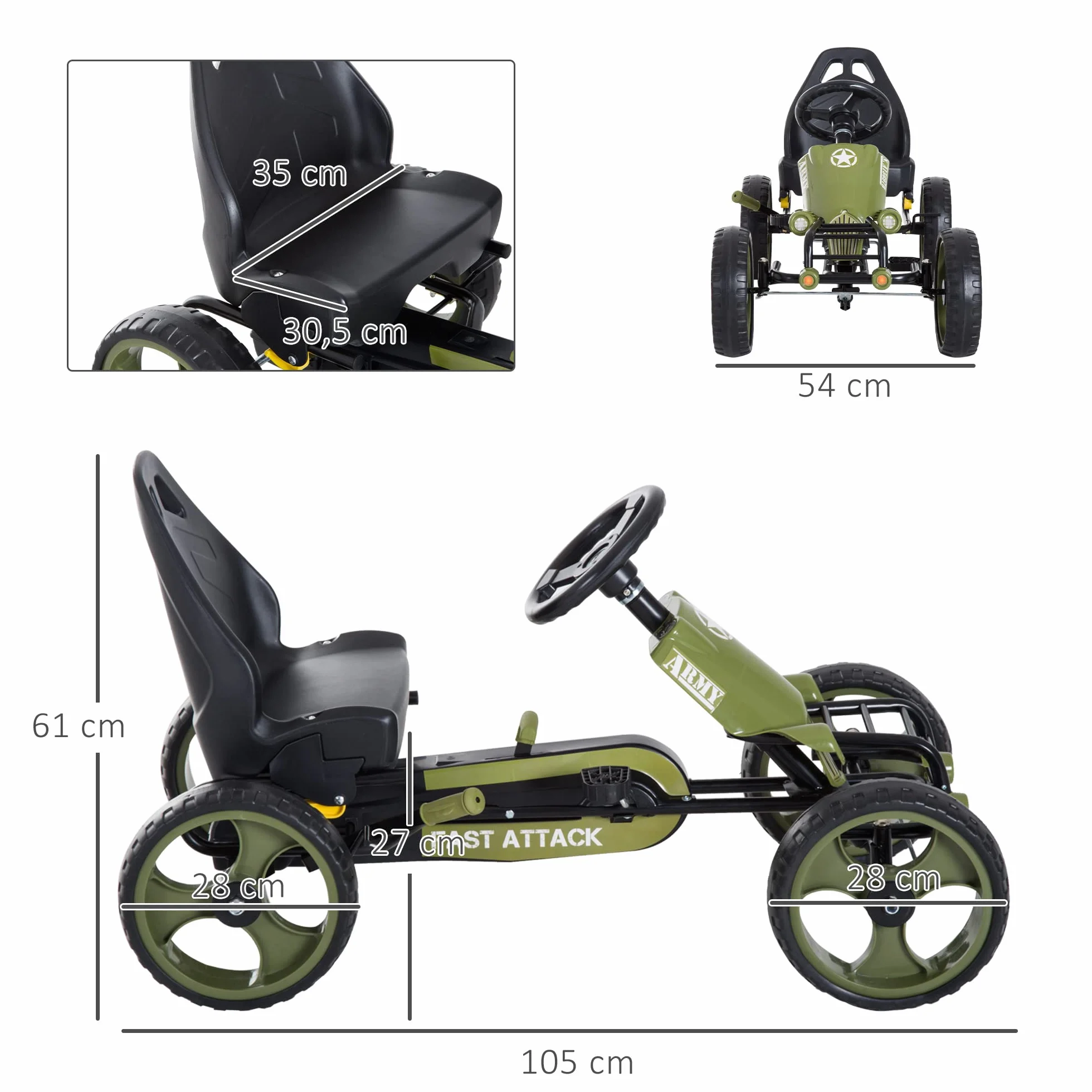 HOMCOM Go-Kart a Pedales para Niños de +3 Años Coche de Pedales con Embrague Freno Asiento Ajustable Carga Máx. 35 kg 105x54x61 cm Verde
