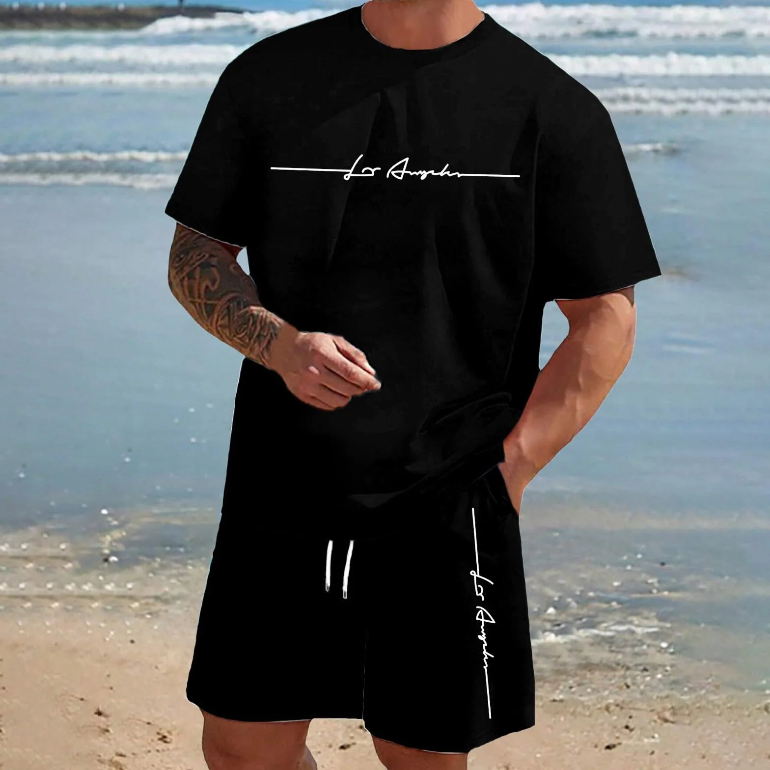 Chándal Deportivo Corto 2 Piezas para Hombre Camiseta y Pantalones Cortos Transpirable Verano