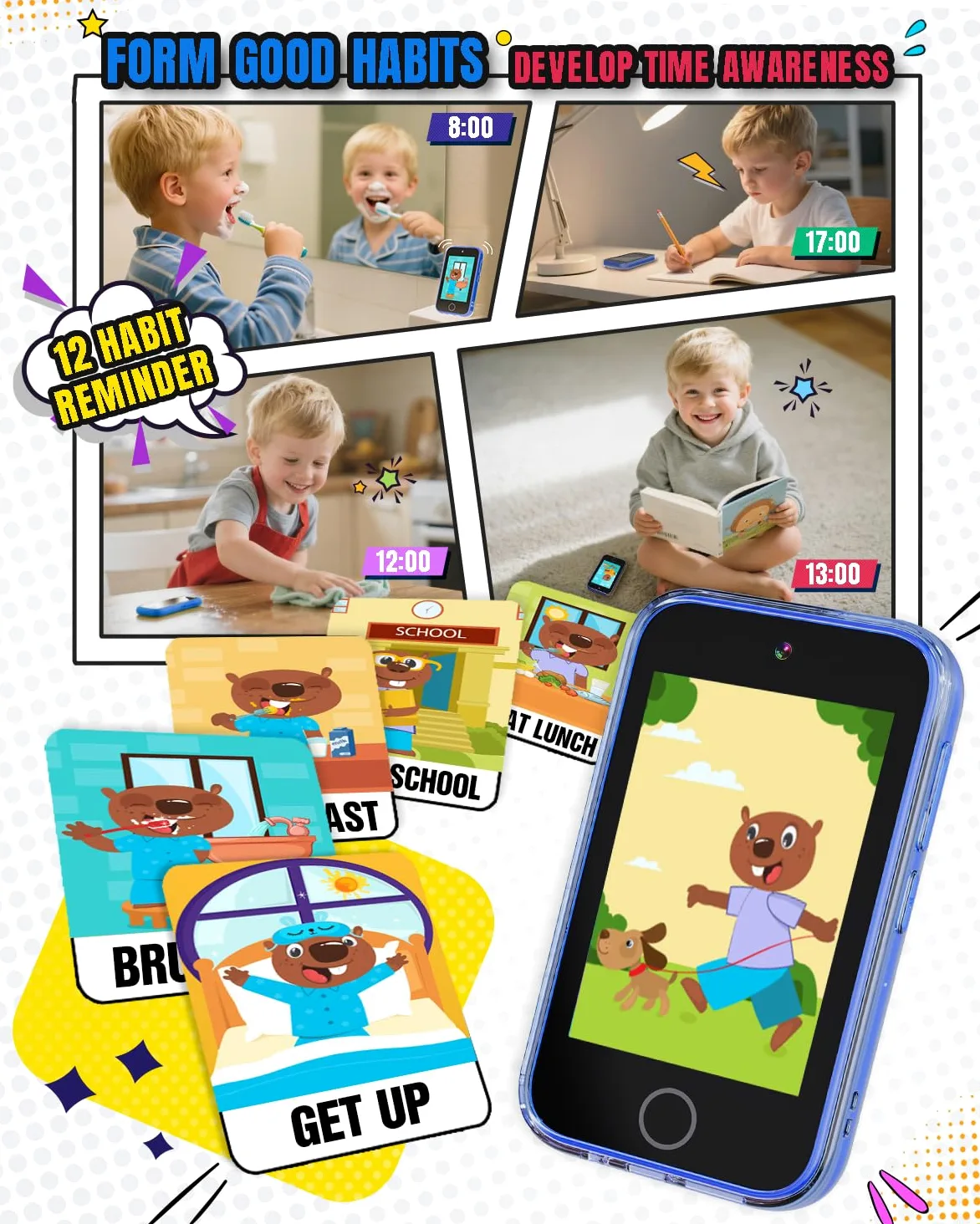 Byserten - Teléfono inteligente para niños, visualización táctil de 3.5 pulgadas con doble cámara, juguetes educativos de aprendizaje para niños de 3 a 10 años, regalos de cumpleaños de Navidad