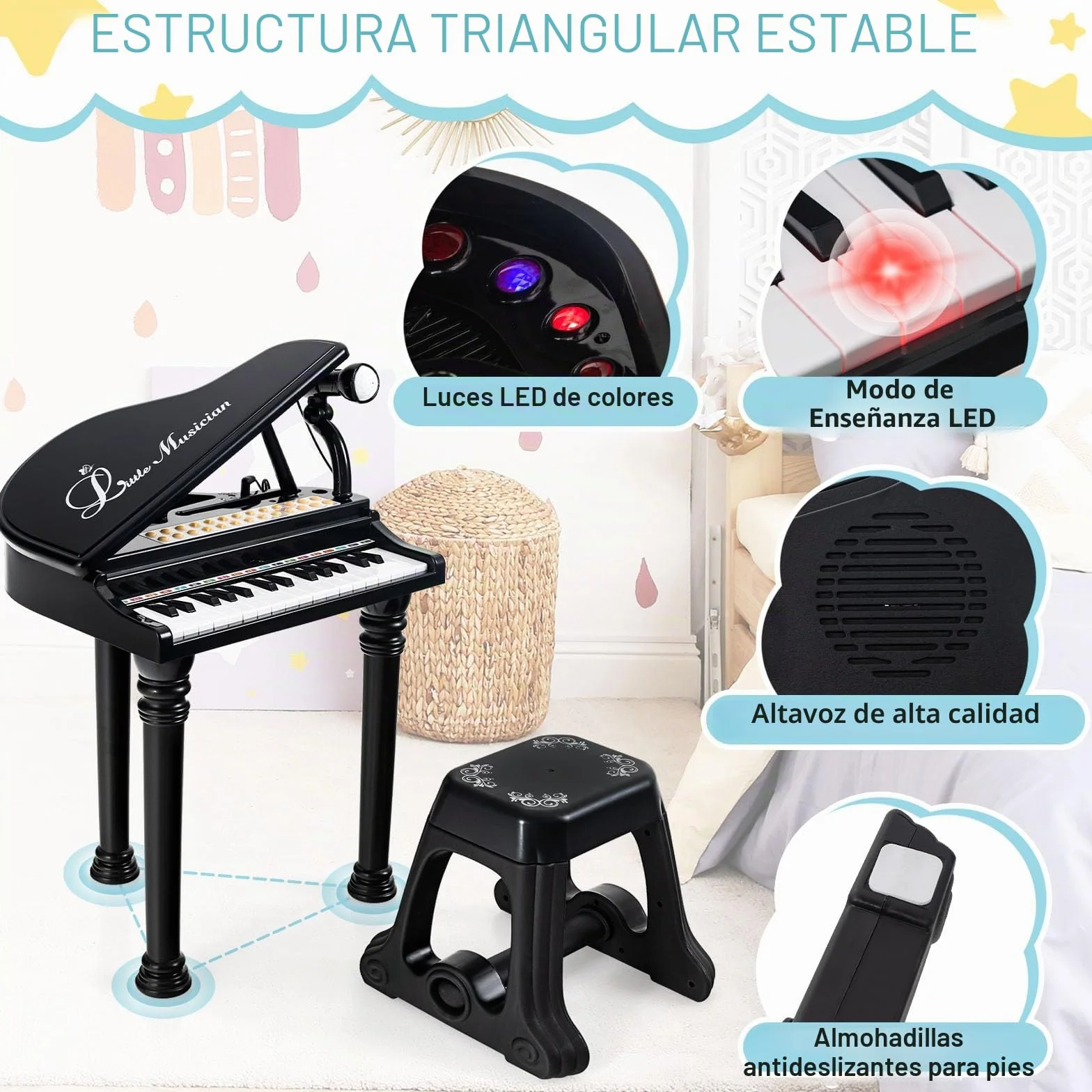 RELAX4LIFE Piano para niños con 31 teclas y taburete, teclado piano electrónico con micrófono ajustable, juguete musical regalo para niños a partir de 3 años (negro)