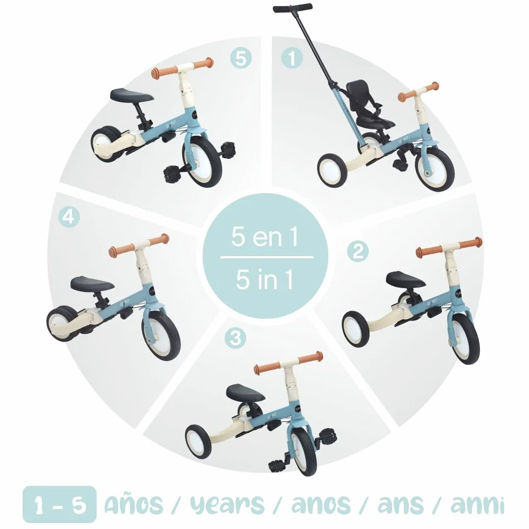 Olmitos - Triciclo Evolutivo de Bebé 5 en 1 GYRO + - Bicicleta Niños Desde 1 Año hasta 5 años - De Triciclo a Bicicleta con o sin Pedales – Adaptable y transformable (Gyro, Azul)