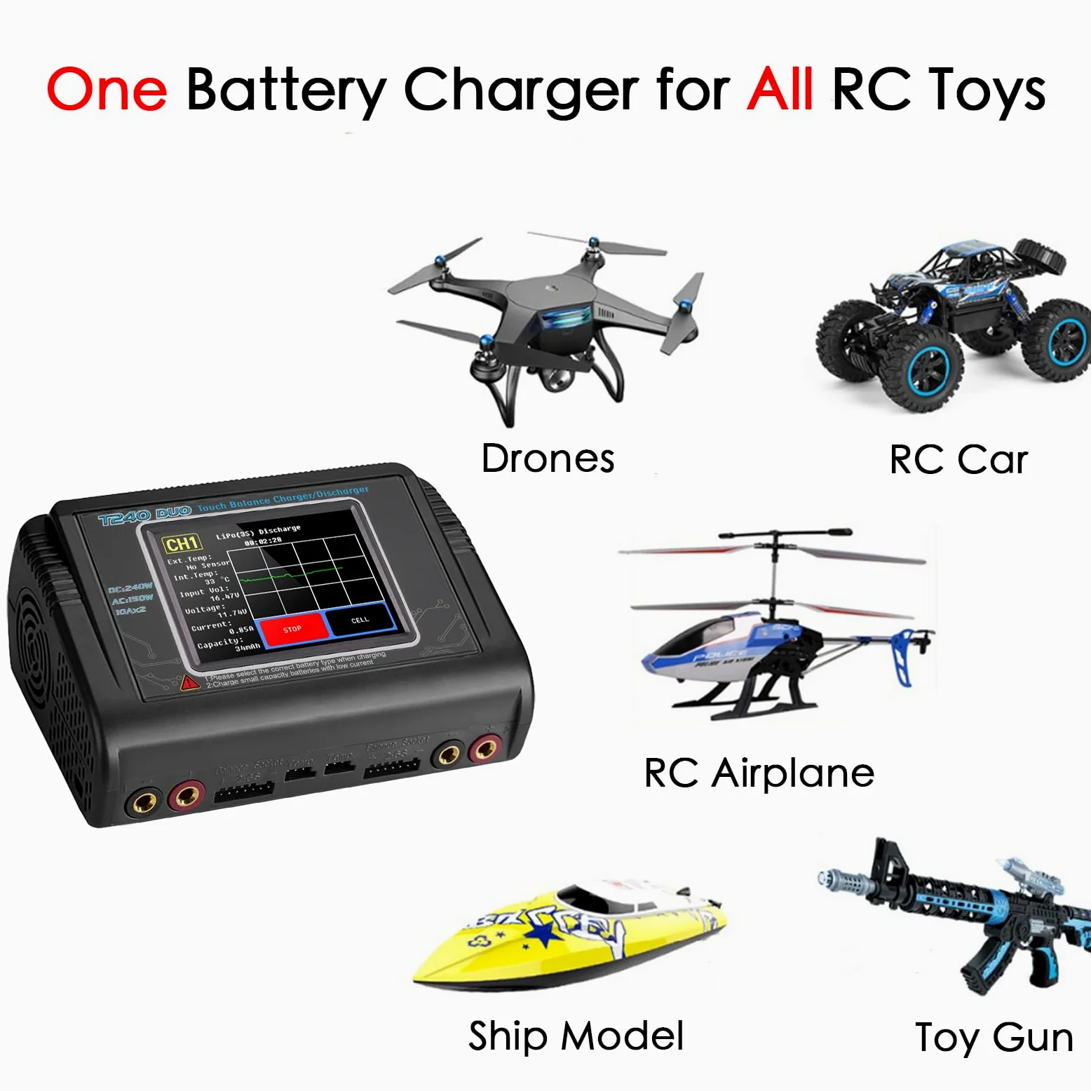 Cargador de batería T240 para LiPo/LiHV/LiFe/NiMH/NiCd, pantalla táctil grande de 3.2 pulgadas y doble puerto disponible, entrada CA/CC y corriente ajustable de 0.1-10 A