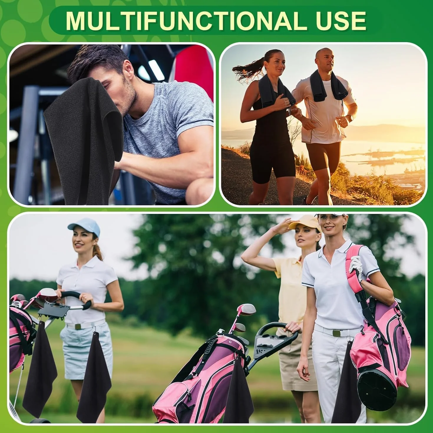 MEISO Toallas de Golf Microfibra 40xcm Ultra Absorbente Mosquetón Diseño Gofre Secado Rápido Negro