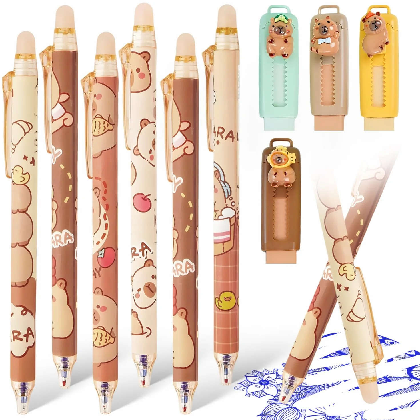 4 Gomas de Borrar Rretráctil Capibara 6 Boligrafos Borrable Azul Bolis Borrables Goma de Borrable Capybara Papeleria Set para estudiantes y adultos para la Escuela y Oficina(0,5 mm)