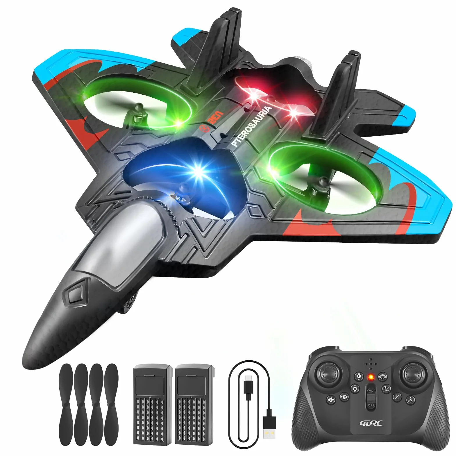 4DRC Avión V32 Controlado por Radio, para Niños >8 Años, Jet con Luces, Giro 360°, Mantenimiento de Altura, Modo sin Cabeza, Arranque un Clic, Regalo de Juguete al Aire Libre para Adultos y Niños