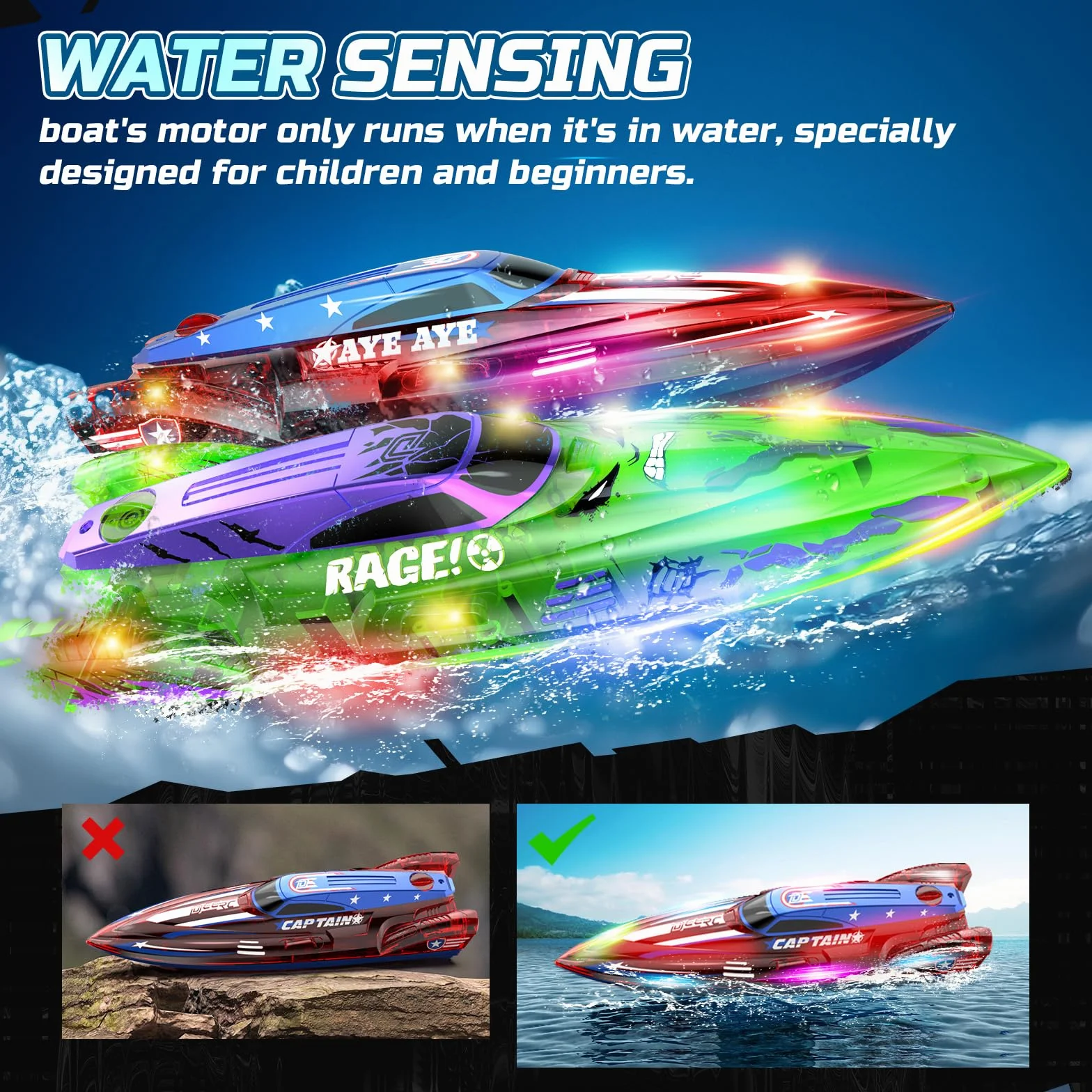 DEERC Juego de 2 Barco Teledirigido de 13 Pulgadas para niños, 4 baterías, 2.4GHz Barcos Teledirigidos con Luces LED y Alarma de Batería Baja, Barcos RC para niños de 8 a 12 años