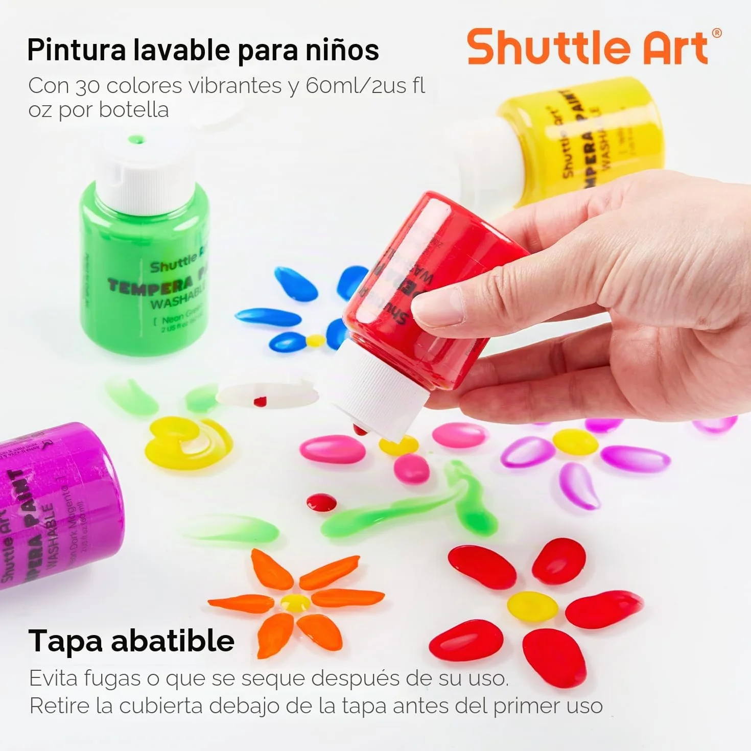 Shuttle Art Pintura Témperas, 30 Colores de Témpera en Frascos (2oz/60ml), Pinturas de Dedos No Tóxicos, Pintura al Tempera para Arte, Manualidades y Proyectos Escolares