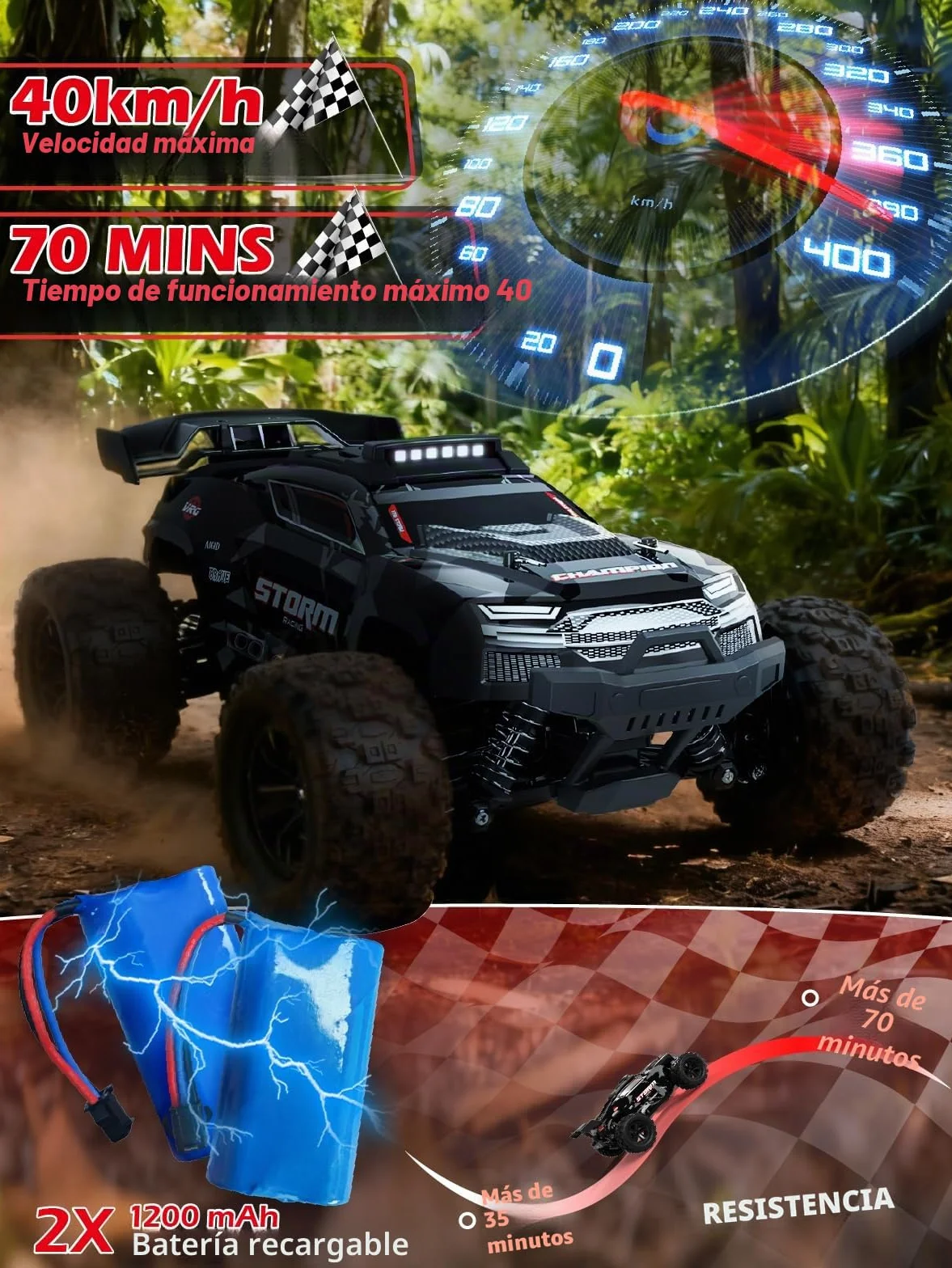 Kiztoys Coche Teledirigido - 2,4 GHz Coche RC Vehículo Todoterreno de Alta Velocidad 40 km/h Avec Lumières 1:18, 4WD Radiocontrol Buggy Crawler Controlados Juguete Regalo para Niños Adulto