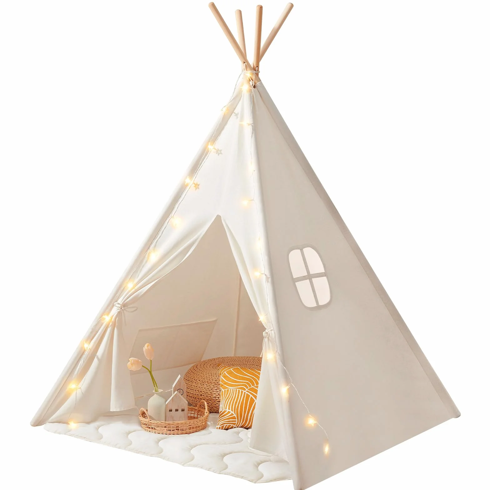 Tiny Land Tipi Infantil con Alfombra Acolchada & Luces - Tienda de Campaña Infantil para Niños, Casita de Juegos Interior y Exterior, Cabaña de Tela Decoración Habitación Bebé, Regalo 3 Años+