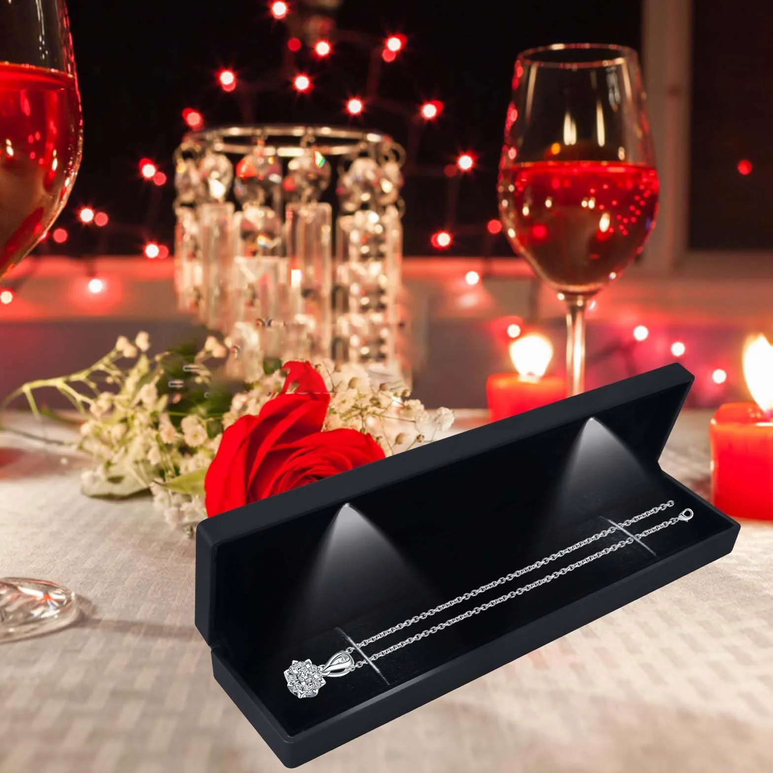 Caja de Regalo de Joyería con Luz LED, Estuche para Colgante/Pulsera/Collar con Luz LED, Joyero de Terciopelo, Estuche de Exhibición de Joyería, para Propuesta Compromiso Boda, 23*5.5*3.5cm, Negro