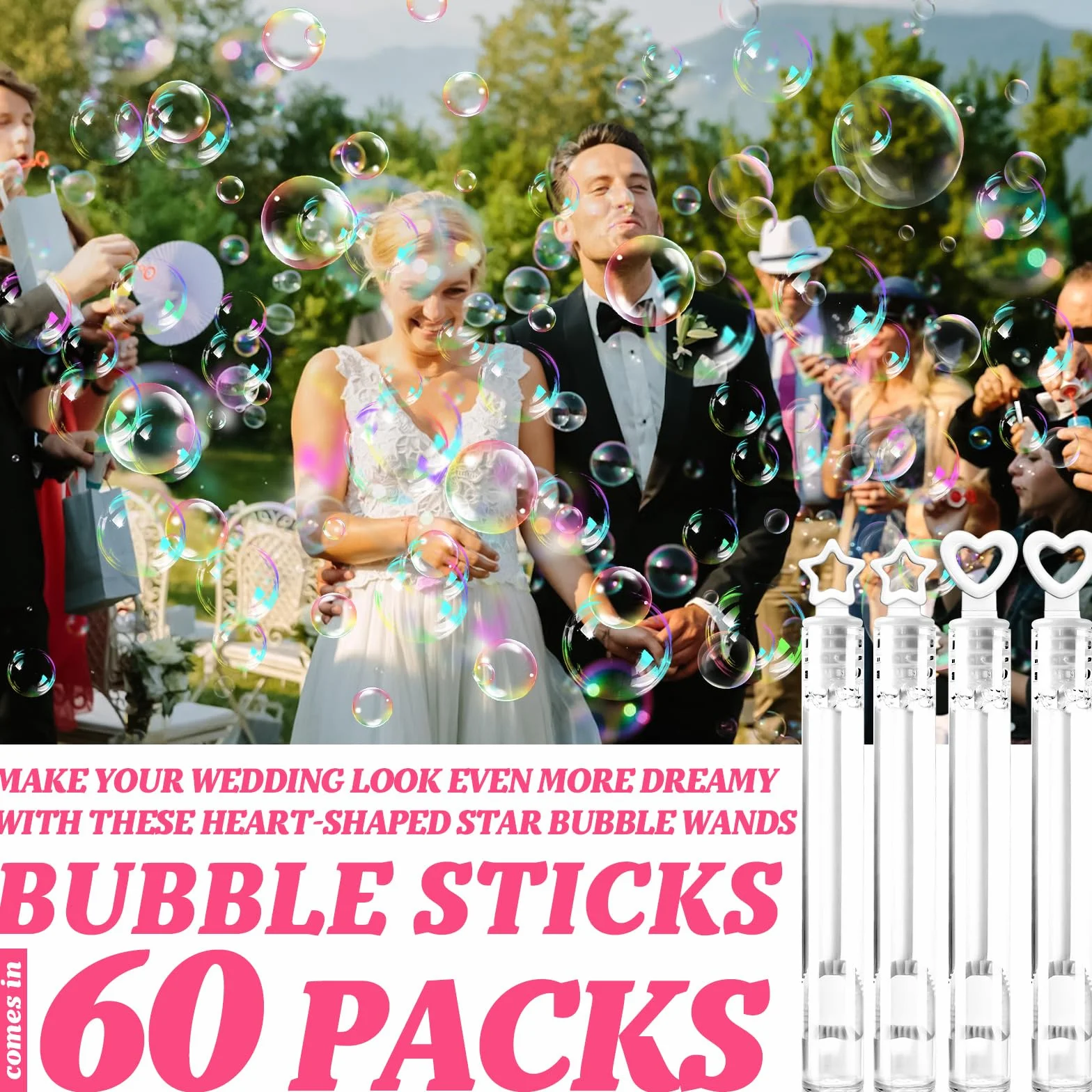 60 Pompas de Jabón para Bodas Burbuja, Pompas de Jabon Boda Blanco, Pomperos Boda, con Mango en Forma de Corazón y Estrella para Bodas, Bautizos, Cumpleaños, San Valentín