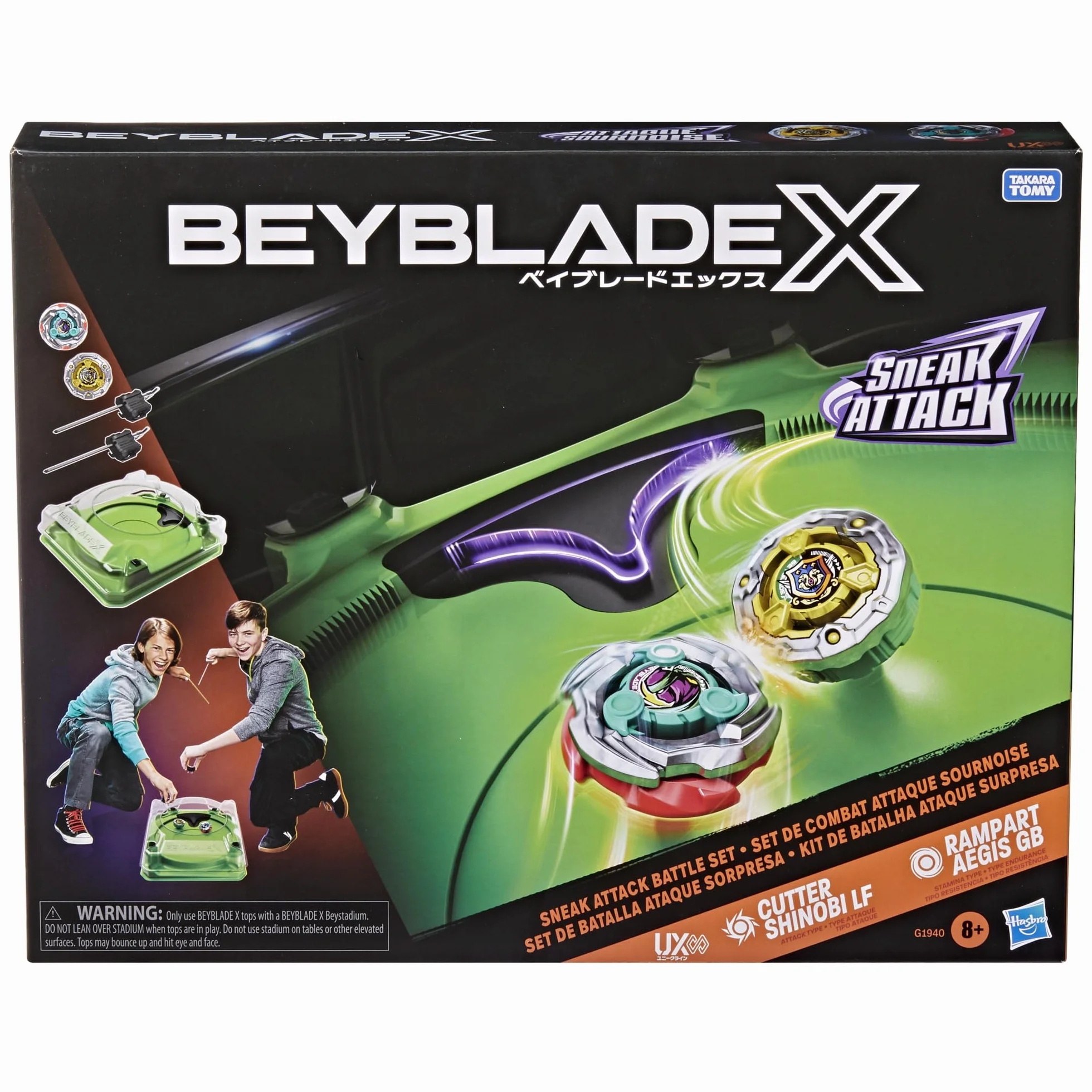 Beyblade X, Set de Batalla Sneak Attack con Arena Beystadium, 2 Tops Takara Tomy de rotación Derecha, 2 lanzadores, A Partir de 8 años