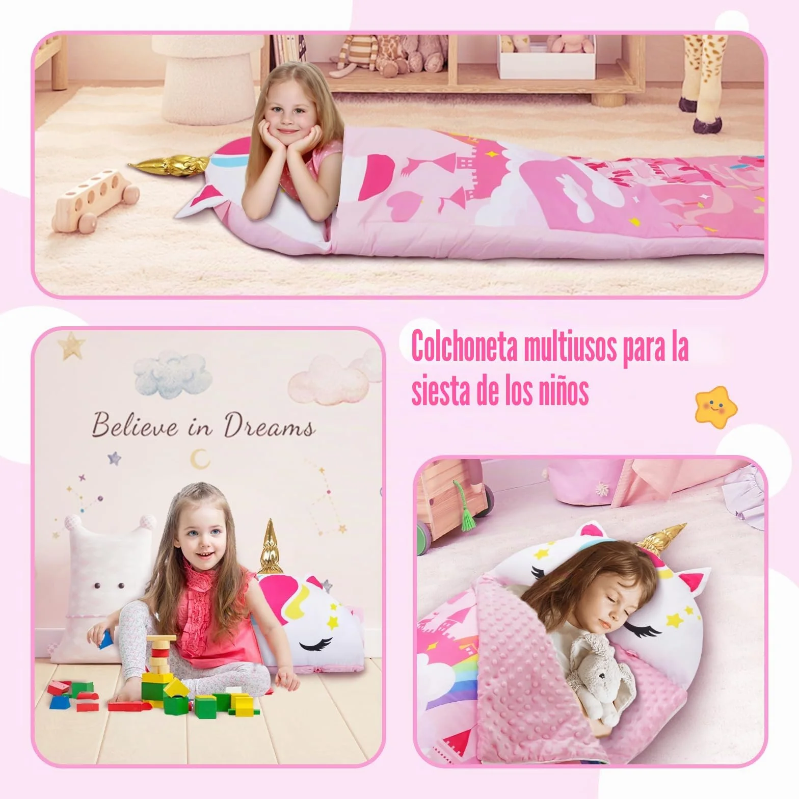 decalsweet Cálida Alfombrilla de Siesta para Niños Pequeños con Almohada Extraíble, Saco de Dormir Plegable para Niñas y Niños, Bolsa de Dormir con Cremallera para Camping Siesta, 150×60cm