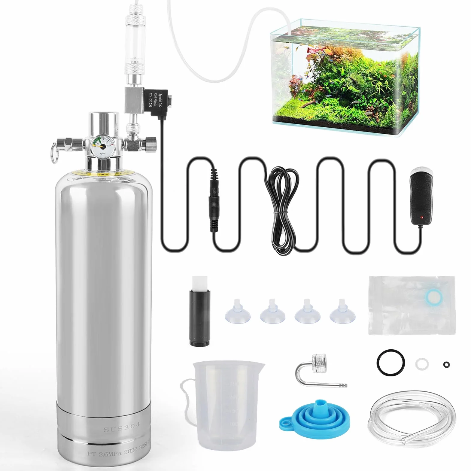 Kit Generador de CO2 para Acuario, Botella 2L Acero Inoxidable con Electroválvula y Contador de Burbujas