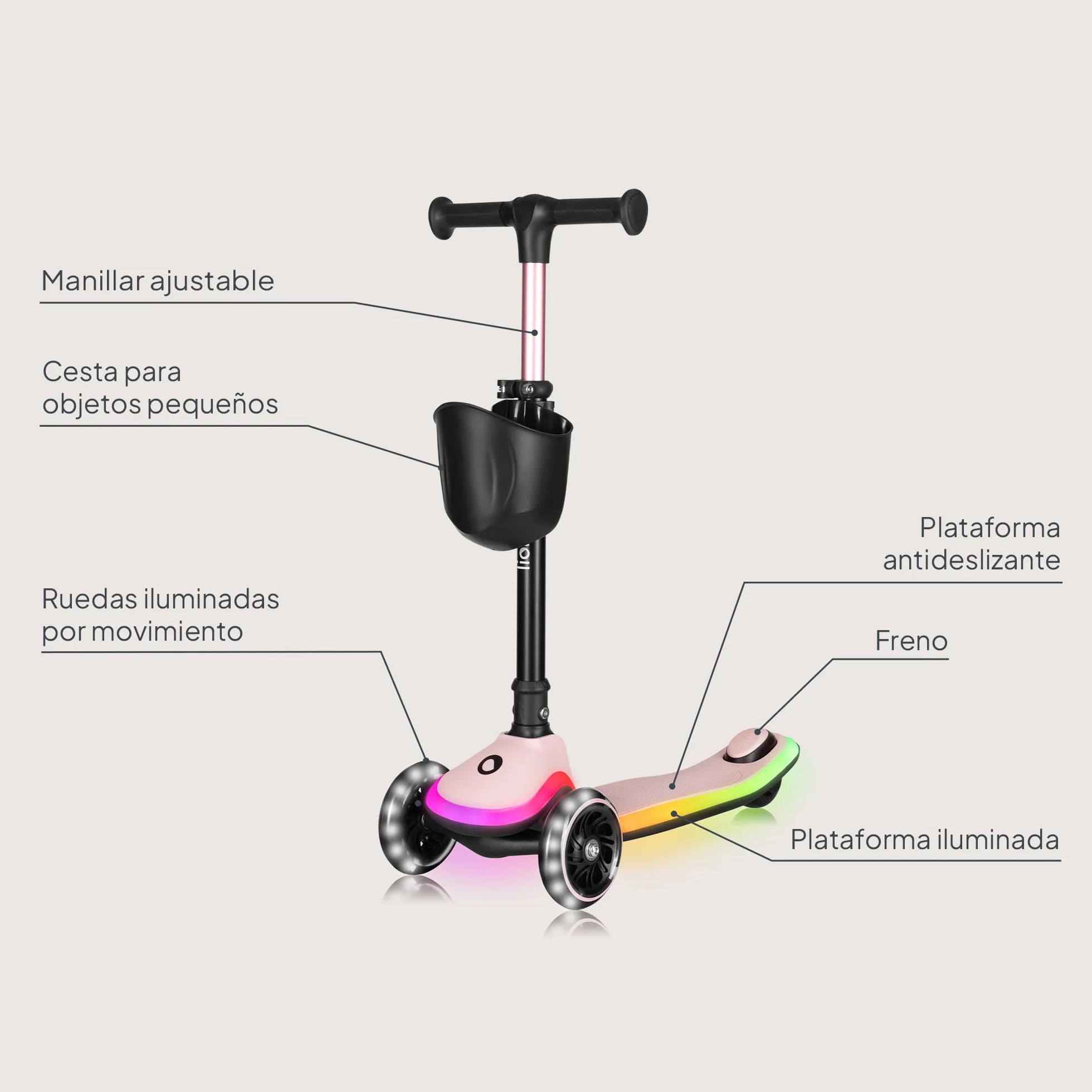 LIONELO MEY Patinete de Equilibrio para Niños Desde 3 años hasta 50 kg, Scooter Infantil Patinete de 3 Ruedas con Ajuste de Altura, Plataforma Antideslizante Iluminada y Ruedas LED, Cesta