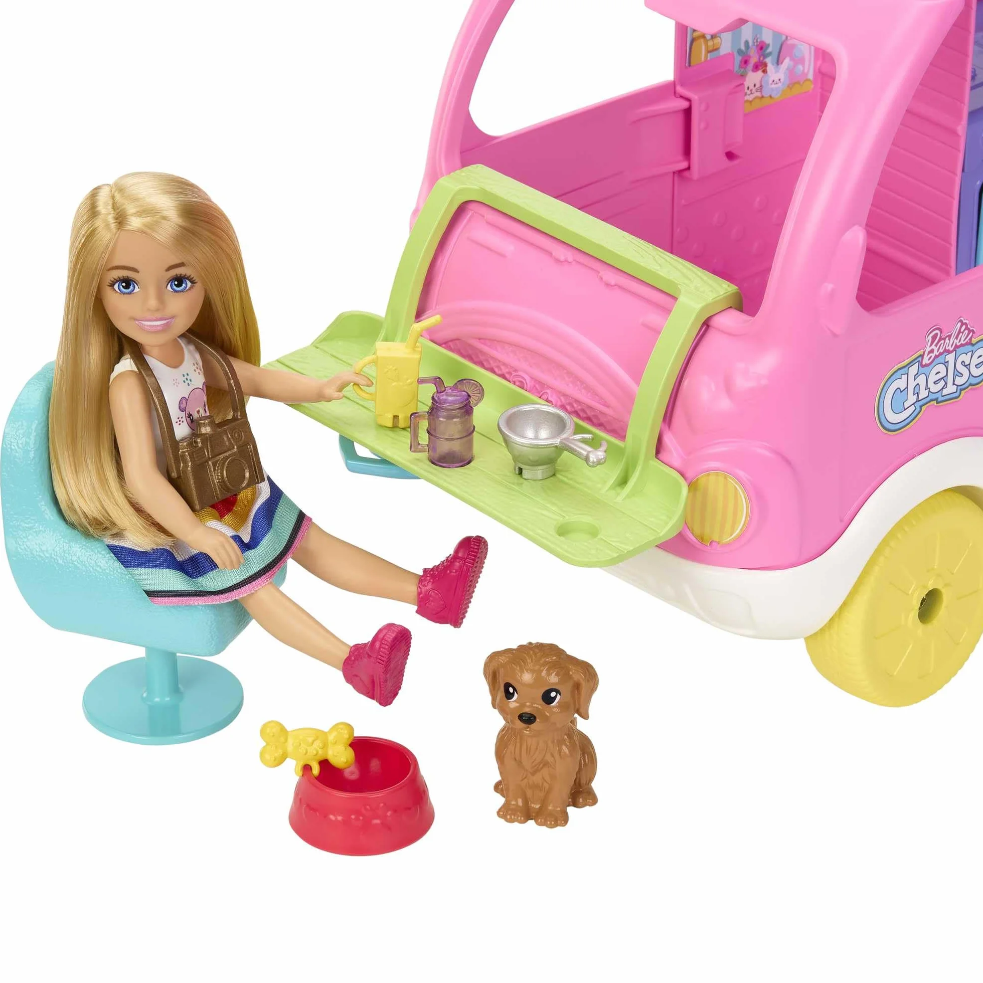 Barbie Chelsea con Furgoneta Camper Muñeca con Coche de Juguete Autocaravana y Accesorios, +3 años (Mattel HNH90)