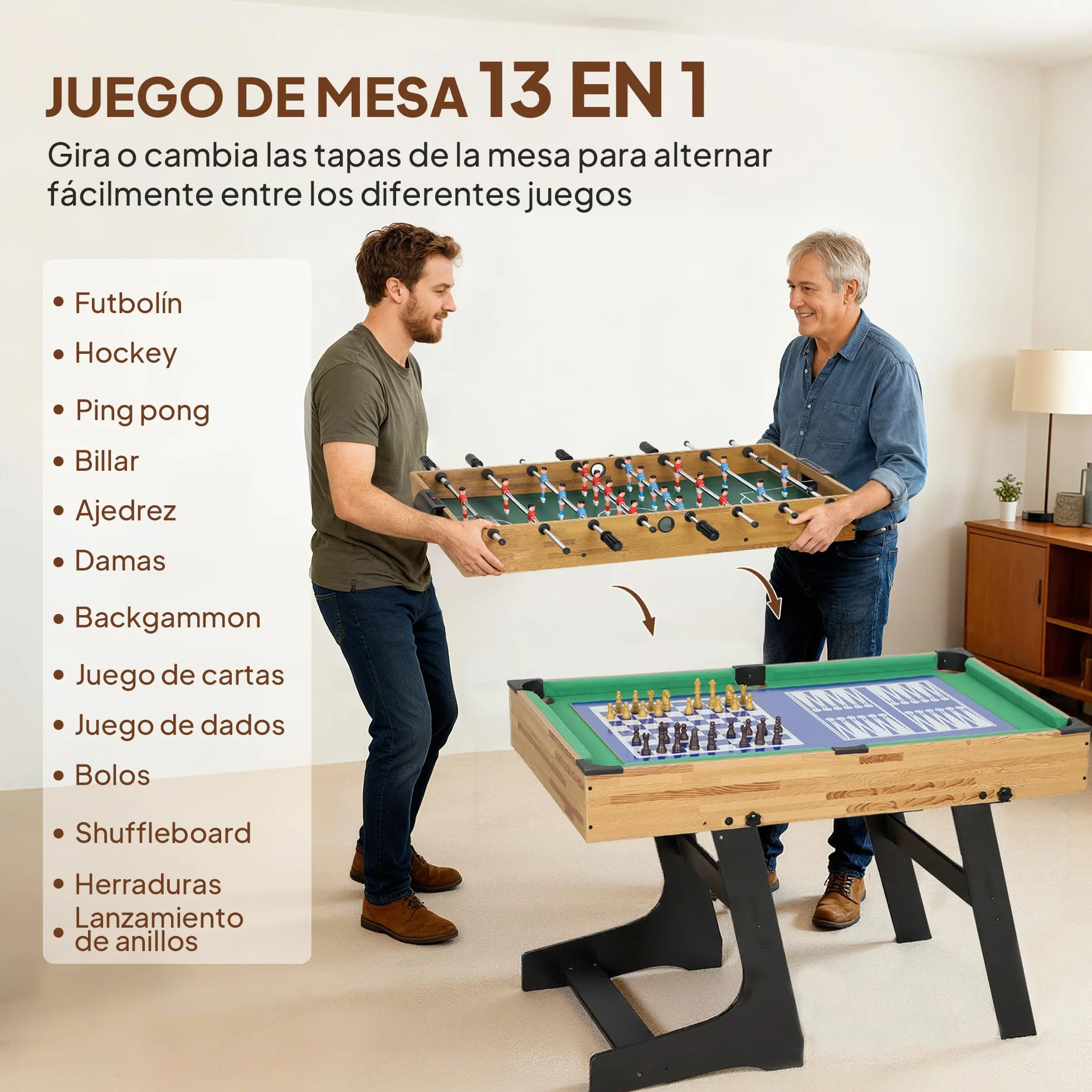 SPORTNOW Mesa Multijuegos Plegable 13 en 1, Mesa de Juego con Futbolines para Niños, Billar, Ping-pong, Hockey, Ajedrez, Damas, Backgammon y Accesorios, Diversión Familiar para Adultos y Niños Natural