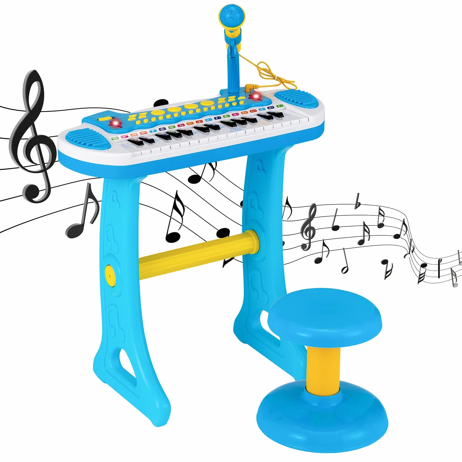 COSTWAY Teclado Piano Infantil de 31 Teclas, Juguete Musical Piano Infantil para Niños con Efectos de Luz, Múltiples Sonidos, Micrófono y Taburete, Órgano Electrónico Educativo para 3＋Niños (Azul)
