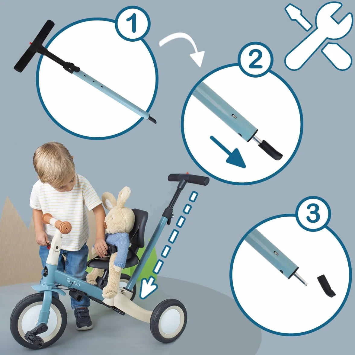 Olmitos - Triciclo Evolutivo de Bebé 5 en 1 GYRO + - Bicicleta Niños Desde 1 Año hasta 5 años - De Triciclo a Bicicleta con o sin Pedales – Adaptable y transformable (Gyro, Azul)