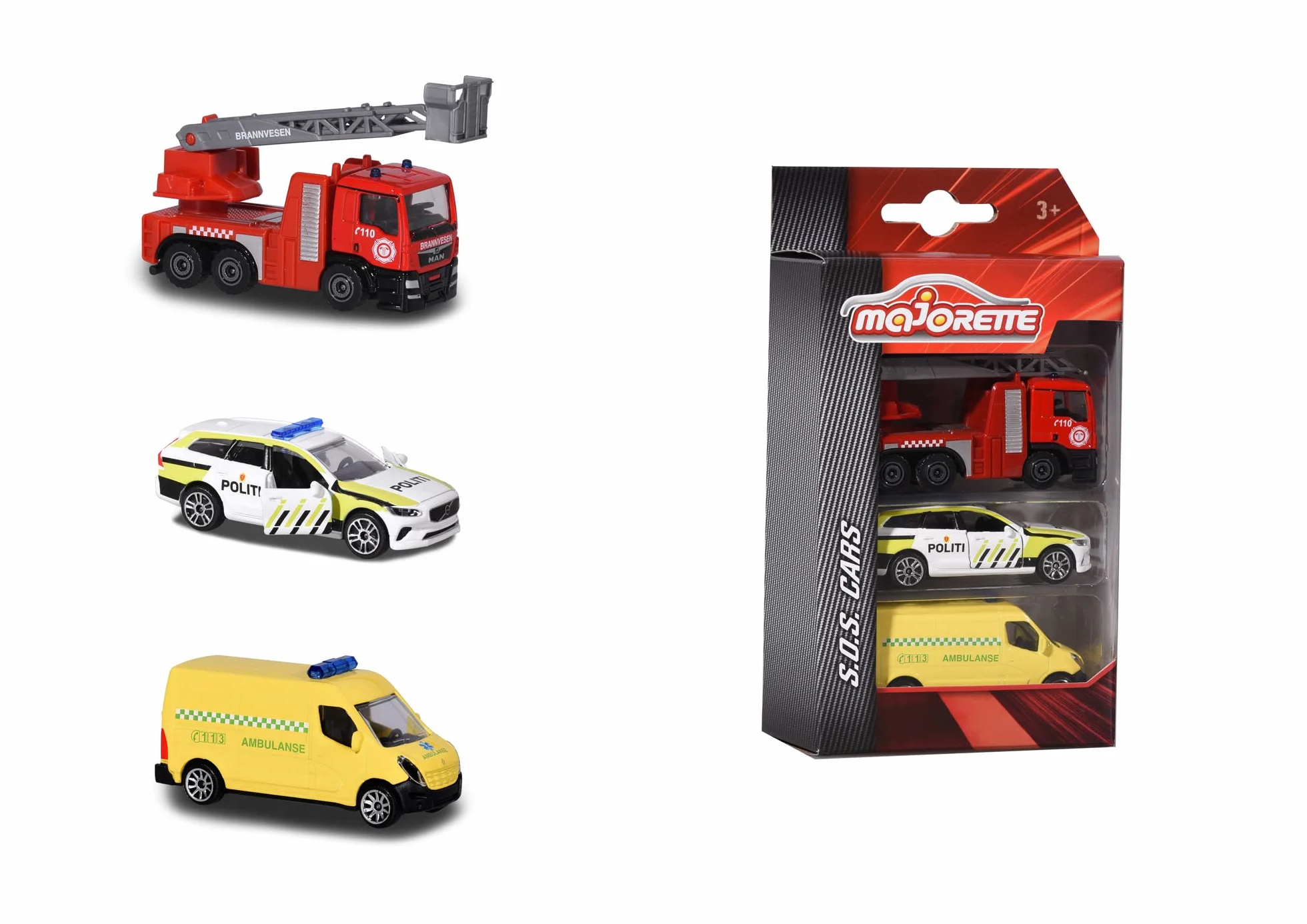 Majorette 212057262007-3-Pack Vehículo de emergencia noruego - Paquete de 3 vehículos de emergencia noruegos con coche de policía en modelo Volvo V90, Ambulancia y camión de bomberos de metal, 7,5 cm,