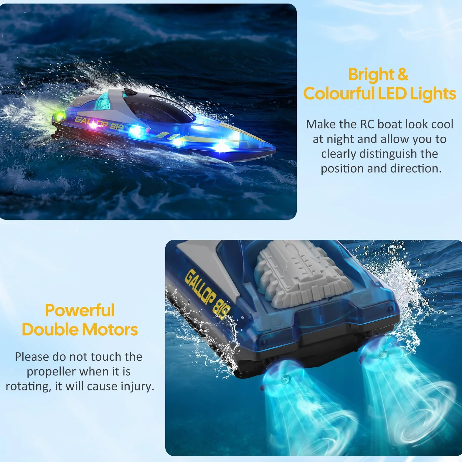 Coikes Barco a control remoto para niños y adultos, con luces LED, 2.4 GHz, alta velocidad, 15 km/h, doble hélice, lanchas de carreras para piscinas y lagos, juguetes de piscina recargables, regalos