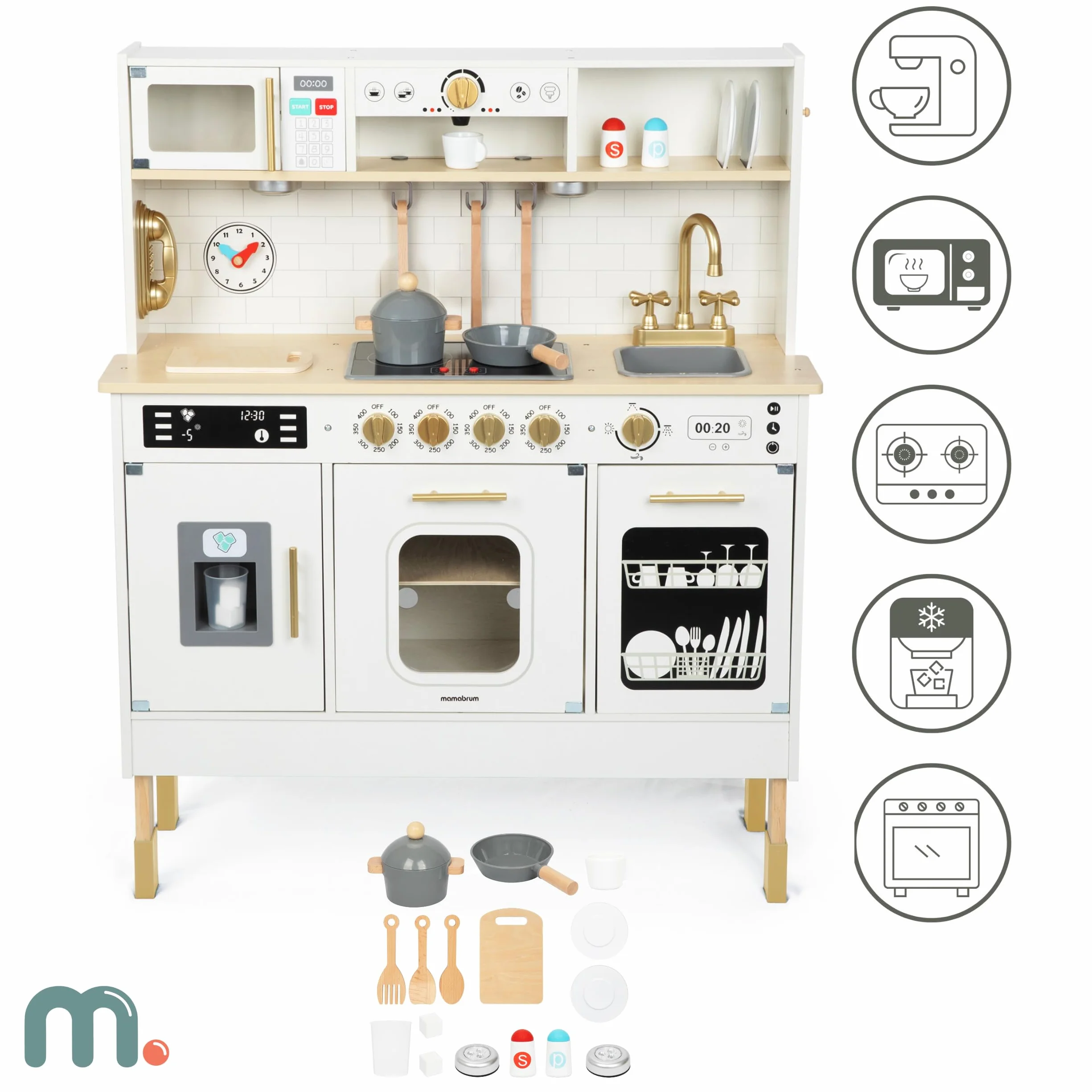 Mamabrum Cocina de Juguete para Niños de Madera con Luces LED - Juguetes Cocina Niños Interactiva con Altura Ajustable - Incluye Microondas, Lavavajillas y Accesorios - 104cm