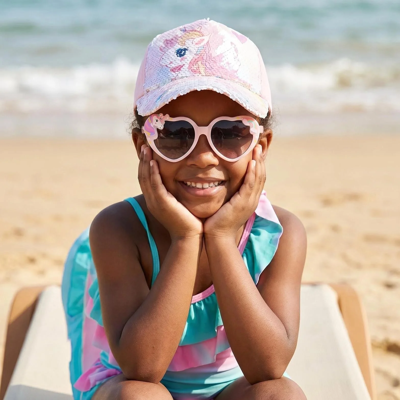 Gorra y Gafas de Sol para Niña, Gorra de Béisbol Rosa Ajustable Unicornio con Protección UV, 3-8 Años