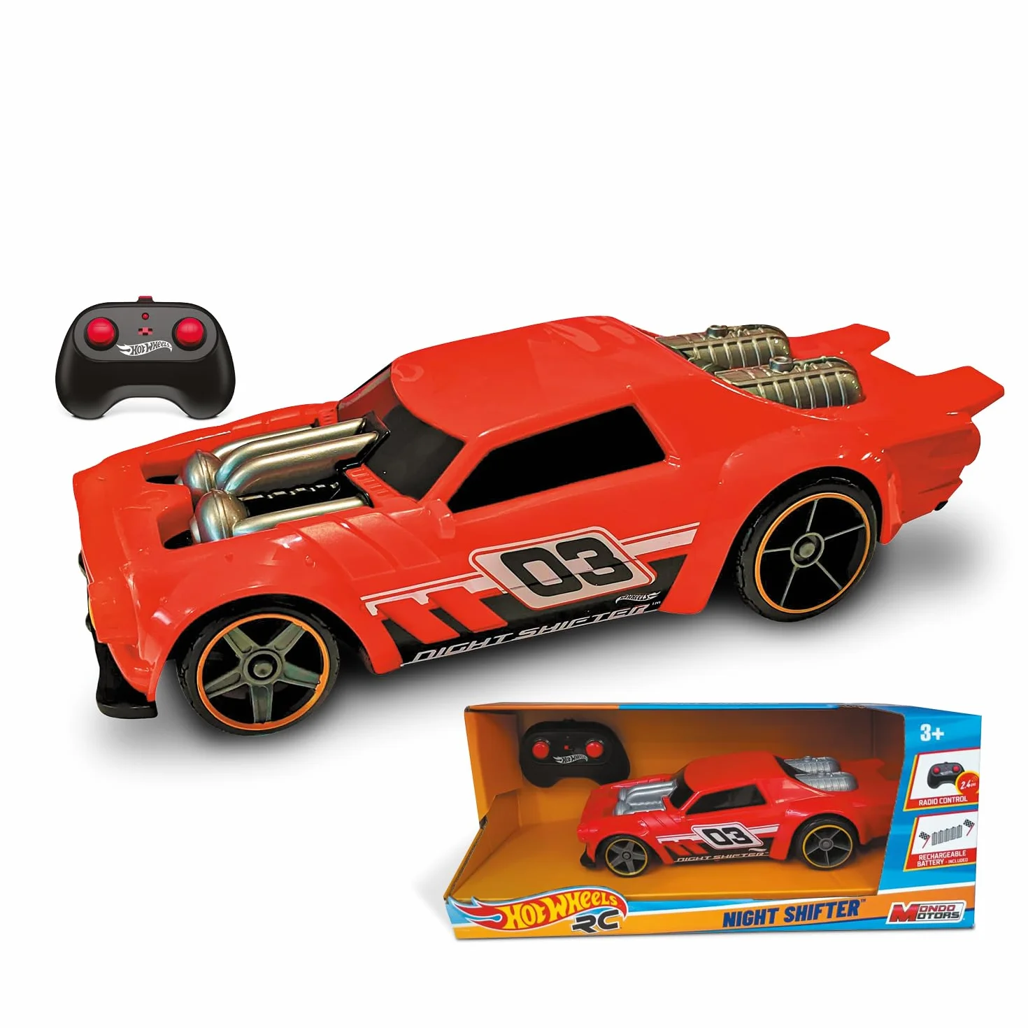 Mondo Motors Hot Wheels Night Shifter, Modelo a Escala 1:16, con baterías Recargables, hasta 8 Km/h de Velocidad, Coche de Juguete para niños 63851, Color Rojo
