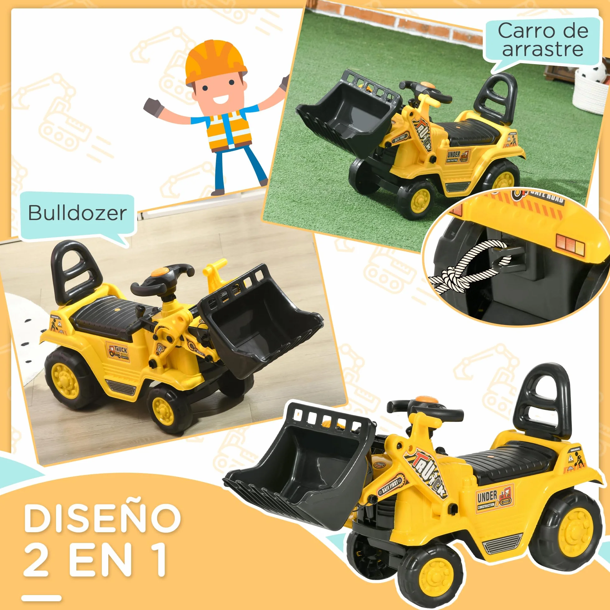 HOMCOM Tractor a Pedales para Niños de 18 a 48 Meses, Excavadora para Niños con Pala Delantera, Bocina, Volante y Compartimento Oculto bajo el Asiento, Carga 30 kg, 80x26,5x39 cm, Amarillo