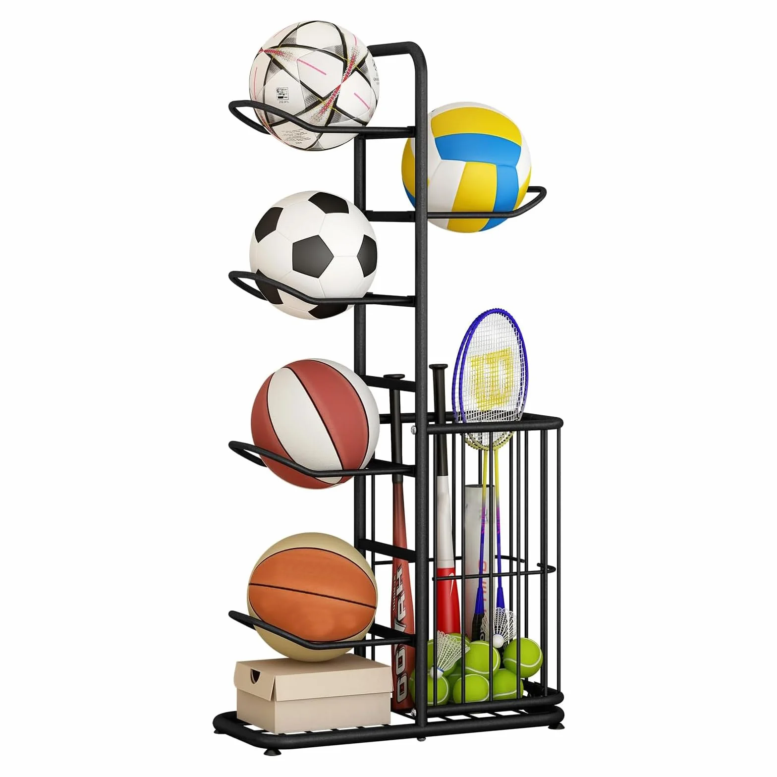 Estante de almacenamiento de pelotas de 5 niveles, exhibidor vertical para fútbol, baloncesto y voleibol