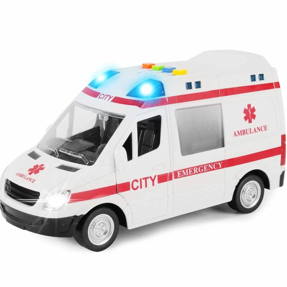 BAKAJI Ambulancia - Juguete para niños con Movimiento de Embrague, Sirena Que Funciona con Luces y Sonidos para Puertas Laterales y traseras Que se abren y se abren, camión Cuidado en Cada Detalle